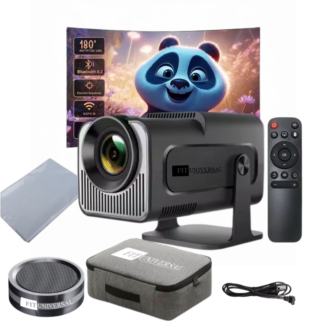 Videoproiector Portabil FitUniversal™, WiFi 6, Bluetooth 5.0, Android 11, Corectie automata, Rezolutie 1080p, 1 GB RAM, 8 GB Memorie, Conexiune HDMI, USB si Mir