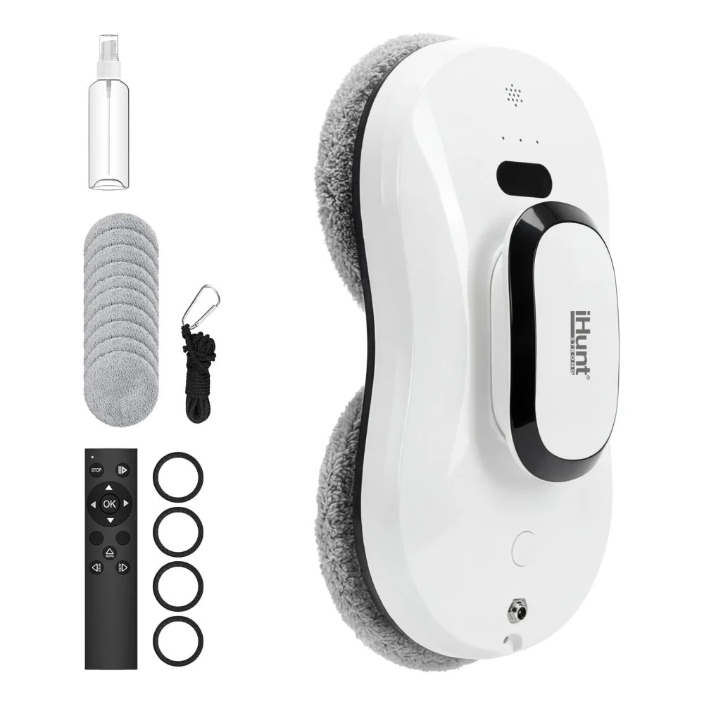 Robot autonom curatare geamuri iHunt Smart Window Robot 3, Tehnologie Vacuum, 90W, Senzori detectie margini, Control telecomanda, 10 lavete incluse, Alb