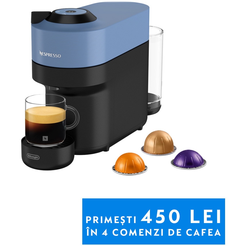 Espressor Nespresso by De'Longhi Vertuo Pop ENV90.A, 1260W, Extractie prin centrifuzie, Conectare telefon, 0.6L, Albastru, set capsule degustare inclus