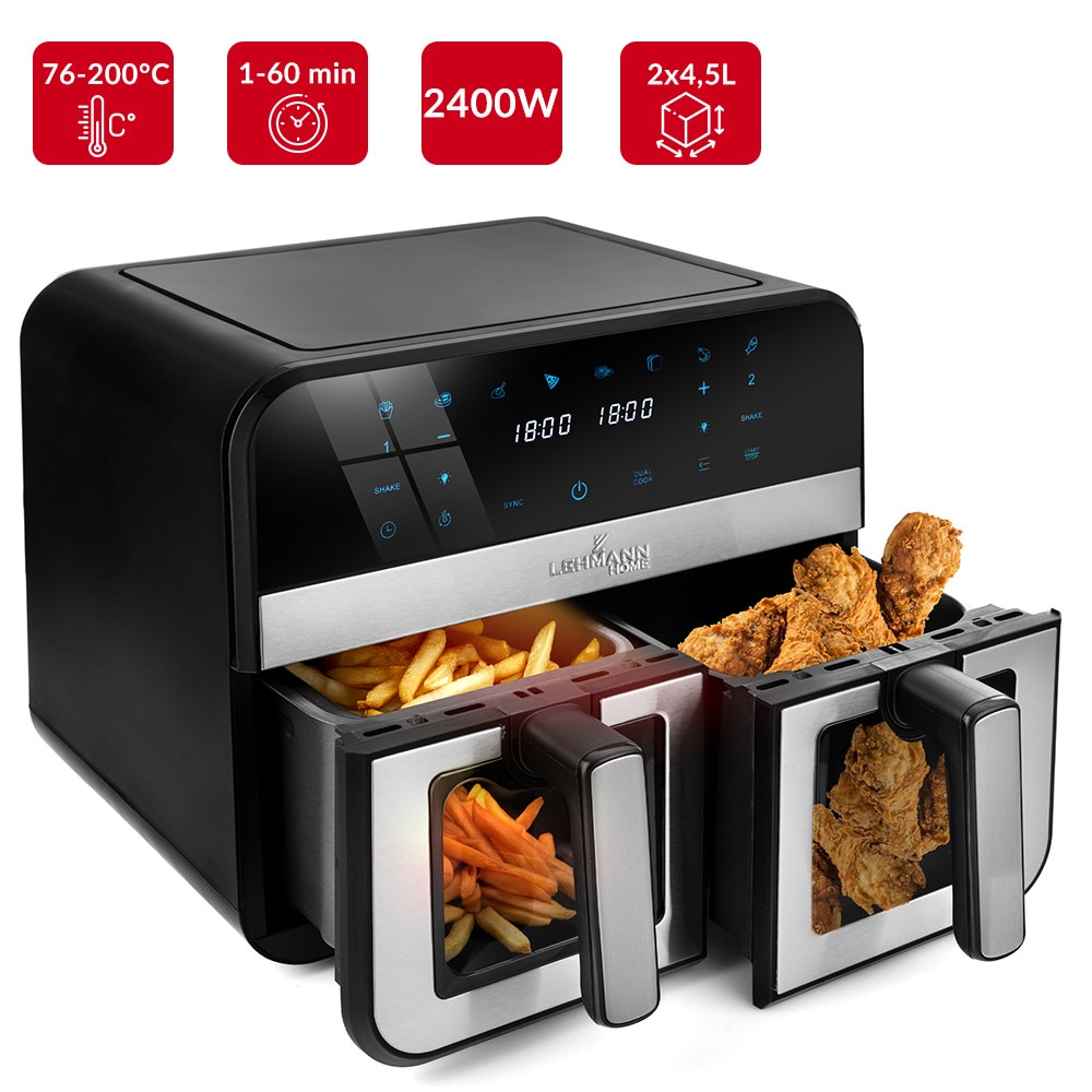 Friteuza cu aer cald, fara ulei, Lehmann Taste, Airfryer, 2400W, 2x4.5L, Wi-Fi, fereastra de previzualizare, ecran digital, iluminat interior, 10 functii de gat