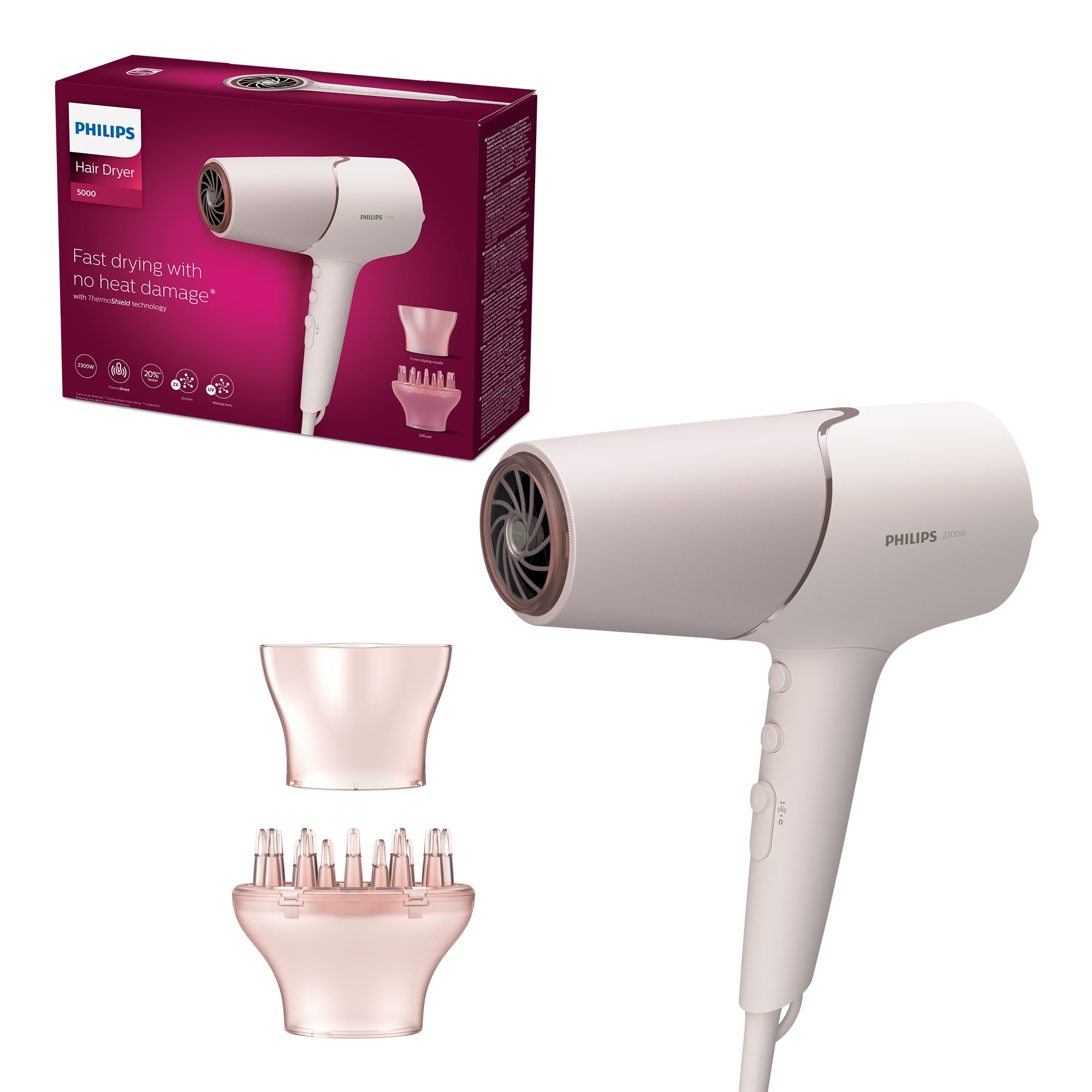 Uscator de par Philips BHD530/00, 2300W, tehnologie ThermoShield, ingrijire cu ioni, 2 setari de viteza, 3 setari de temperatura, difuzor, cap de coafare 11 mm,