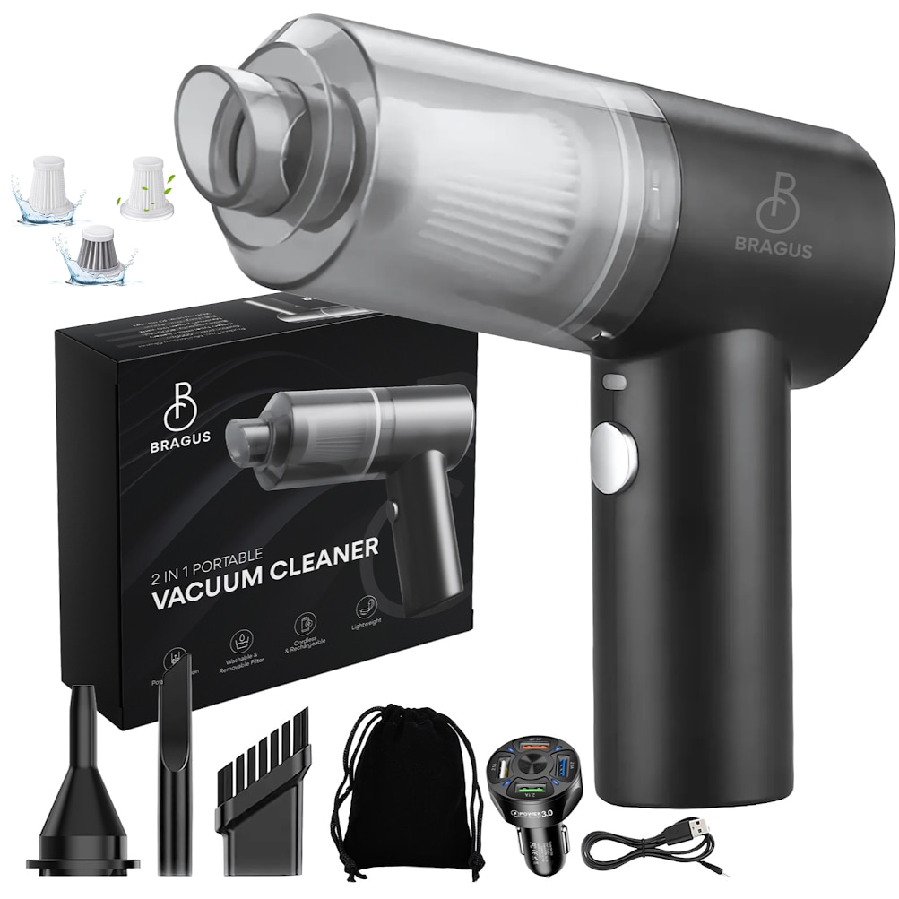 Aspirator Auto 2 in 1 Portabil, BRAGUS, 9000 Pa, 120W, Acumulator 2400mAh, Autonomie 30min, Aspirare, Suflare, Vidare, Umflare, Lumina LED, 3 Accesorii, 3 Filtr