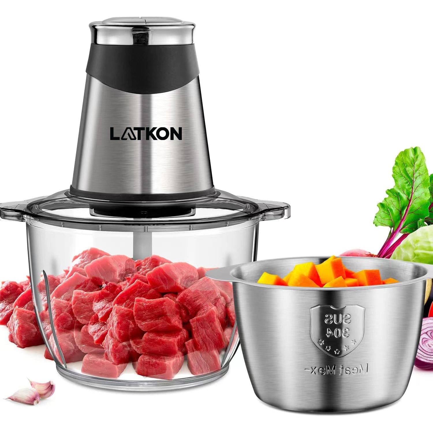Tocator Electric Multifunctional, Latkon®, 400W, 2 Viteze, 2 Boluri 1.2L si 2L, Sticla, Inox, Lame Otel Inoxidabil, Tocator Pentru Carne, Legume, Motor Cupru, P