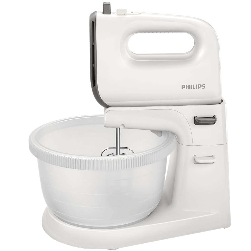 Mixer cu bol Philips Viva Collection HR3745/00, 450 W, 5 viteze, Functie Turbo, Bol actionare automata, capacitate bol 3L, , Alb/Gri