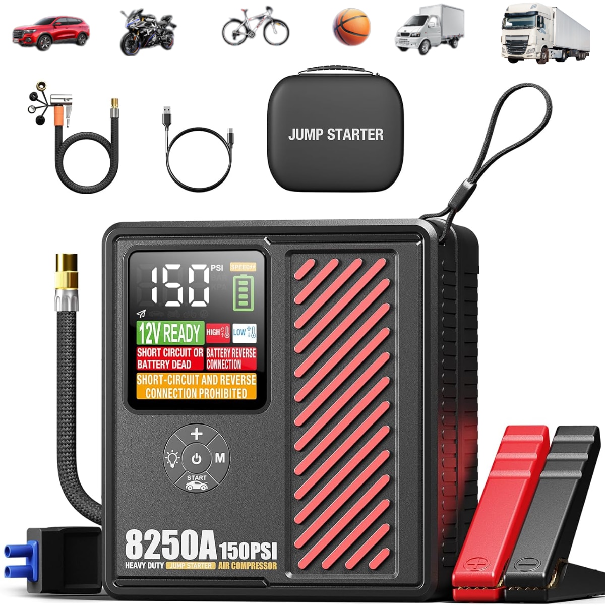 Starter auto Portabil cu Compressor Multifunctional 4in1, Dasbo, 12V, Wireless cu Baterie 24000mAh, motor Benzina sau Diesel, Pompa Anvelope 150 PSI, Starter Ba