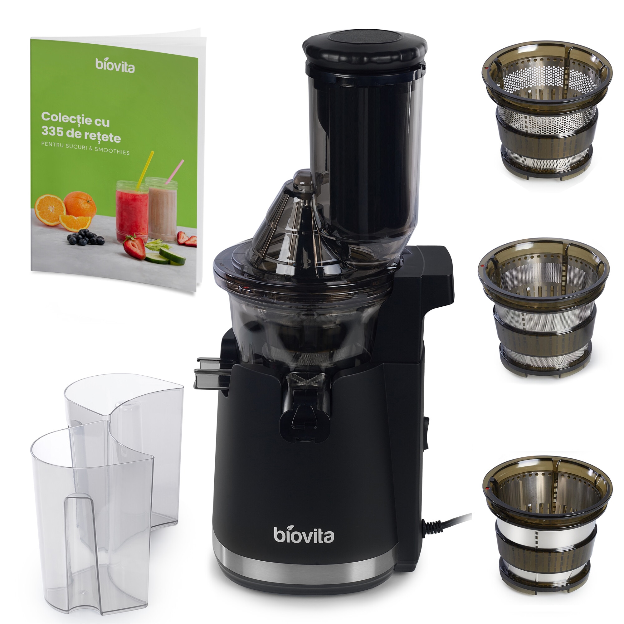 Storcator cu Presare la Rece, Biovita VIVA, cu Melc, 3 Site din Inox, Palnie Larga, Retete Bonus, Stoarcere Eficienta