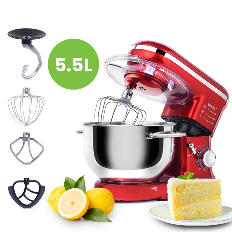 Mixer cu bol de 5.5L din inox, Biovita MB-1300, 1.6 kg aluat, putere 1400W, 4 accesorii, 6 viteze + puls, Rosu