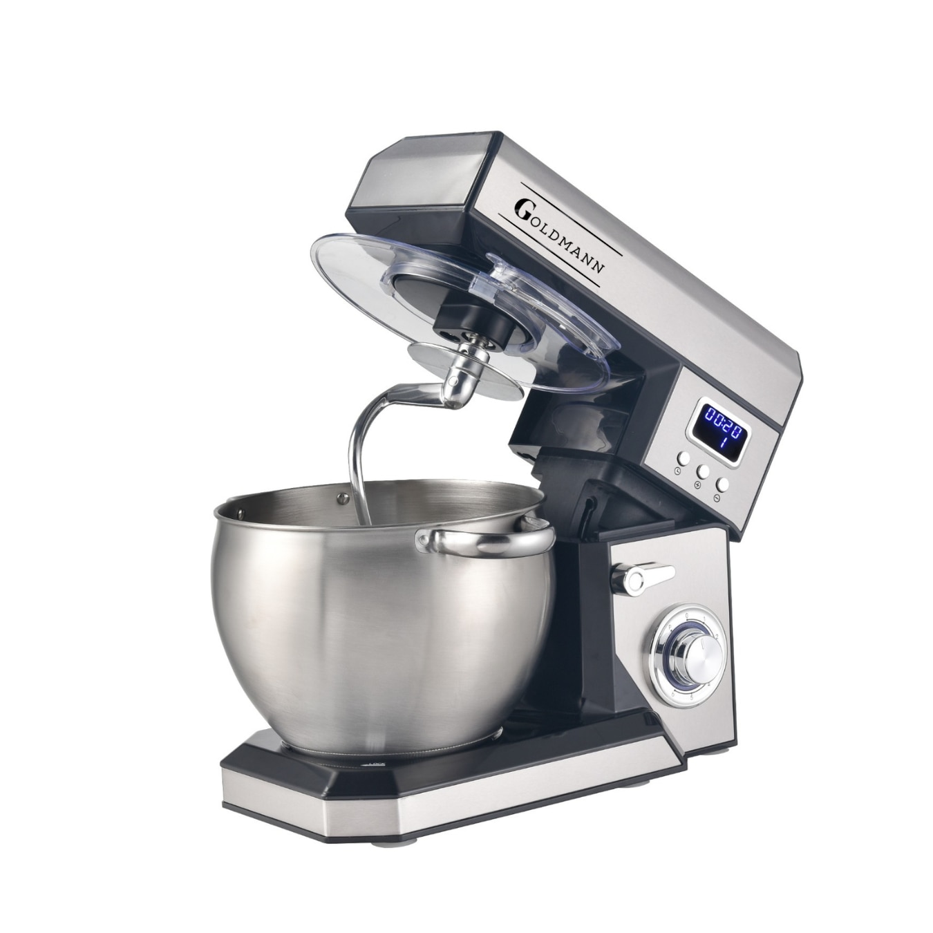 Mixer planetar cu bol din inox Goldmann, 2200 W, 8.5 L Inox, 5 Accesorii, 6 Viteze cu Pulse, Angrenaje metalice, Carcasa din inox, Argintiu