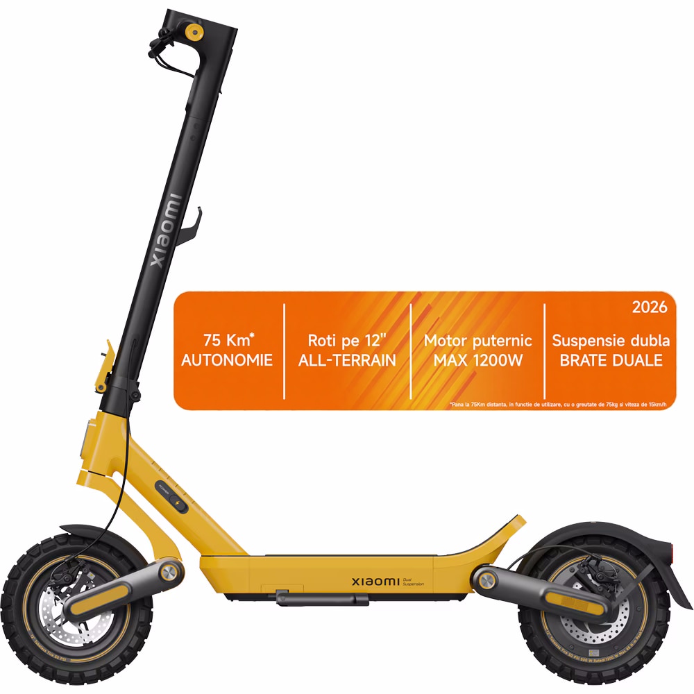 Trotineta electrica Xiaomi Electric Scooter 6 Ultra, putere motor 500W, autonomie max. 75km, viteza maxima 25 Km/h, Greutate Max. 140kg, Roti 12"", Culoare Galb