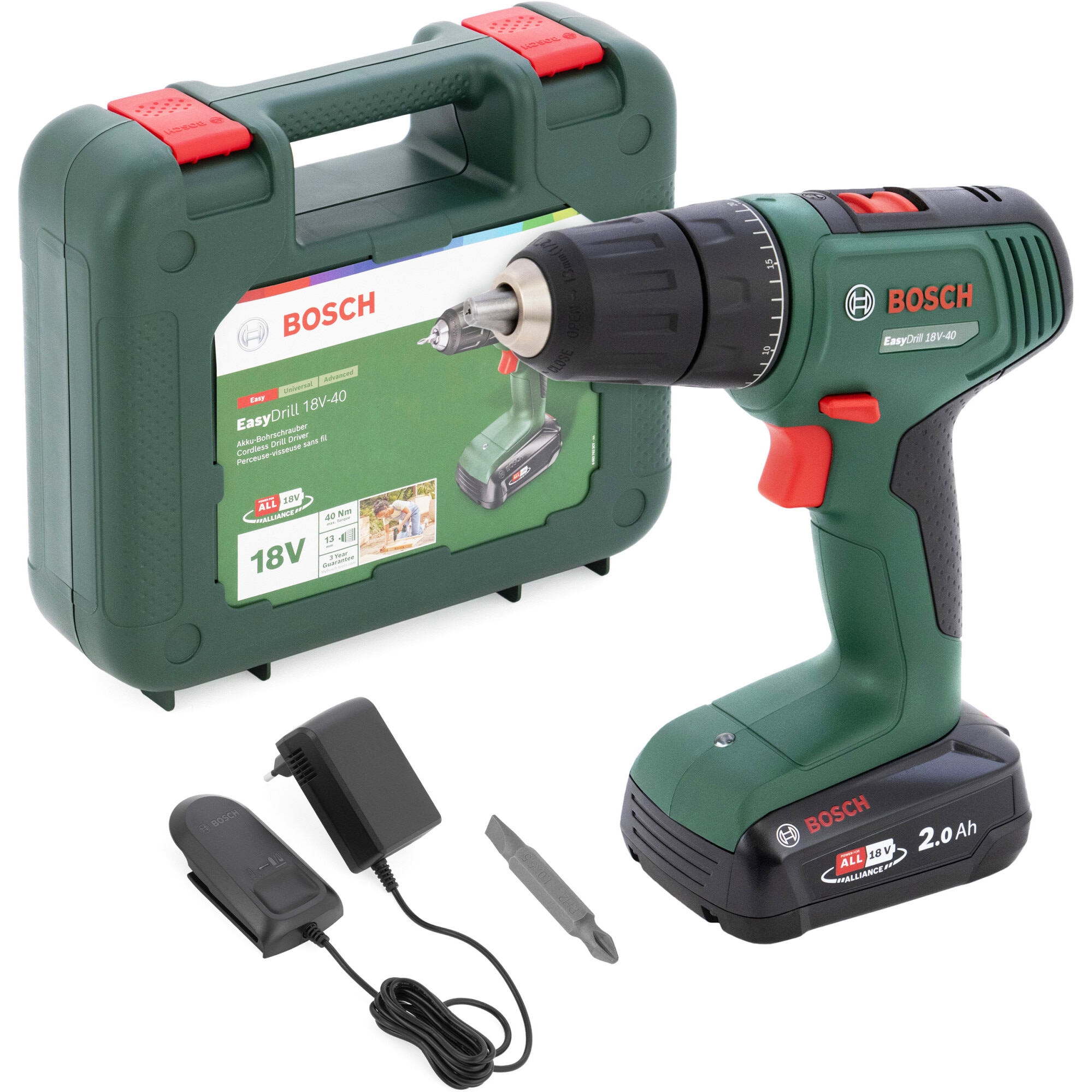 Masina de gaurit si insurubat (bormasina) pe acumulator Bosch EasyDrill 18V, 40 Nm cuplu maxim, mandrina rapida, 2 trepte, acumulator si incarcator inclus, gean