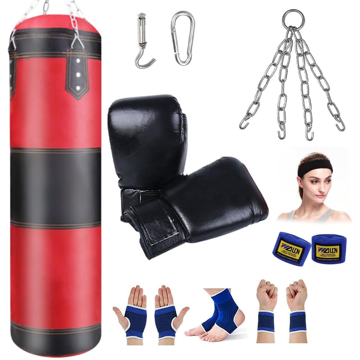 Sac de box ALLFYL 120cm, set 10 piese, piele ecologica premium, cu carlig si lant, sac de antrenament pentru adulti, Saci de nisip goi, fara material de umplutu