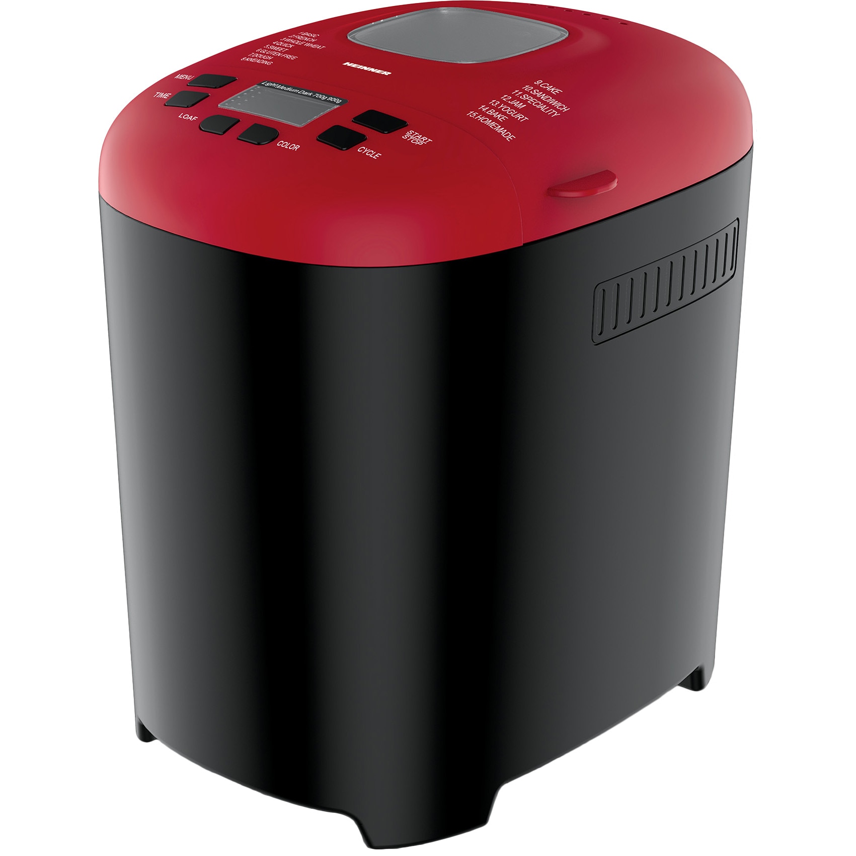 Masina de paine Heinner PastryChef 550 HBM-915BKR, 550W, capacitate 700-900g, 15 programe, Negru/Rosu