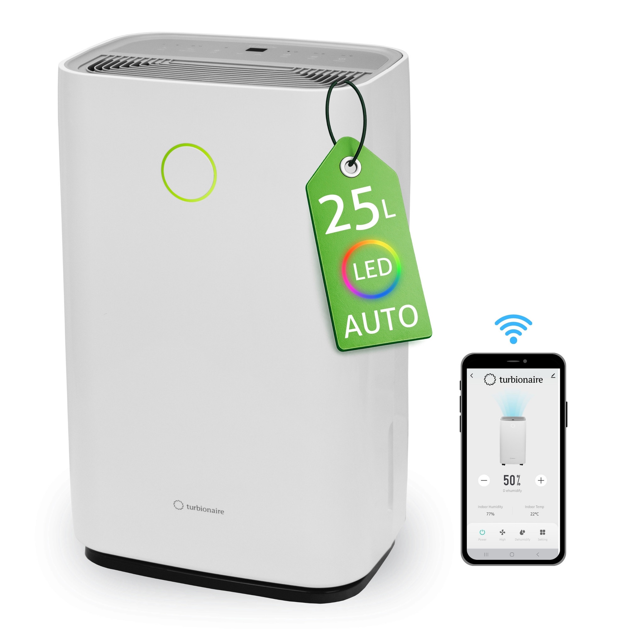 Dezumidificator Turbionaire SENSO 25, 25 l/24h, WiFi, Silentios 45 dB, Rezervor 4l, 180 m³/h, Control digital, Indicator luminos LED umiditate, Timer, Display L
