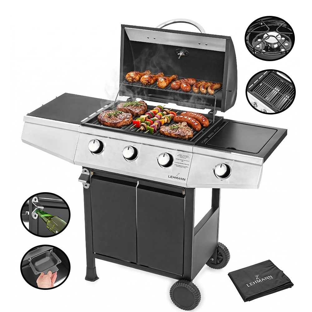 Gratar pe gaz cu 3+1 arzatoare, Lehmann Texas, termometru incorporat, suprafata de gratar 33x52cm, husa gratar, furtun si regulator incluse, 120x50x102cm, fonta