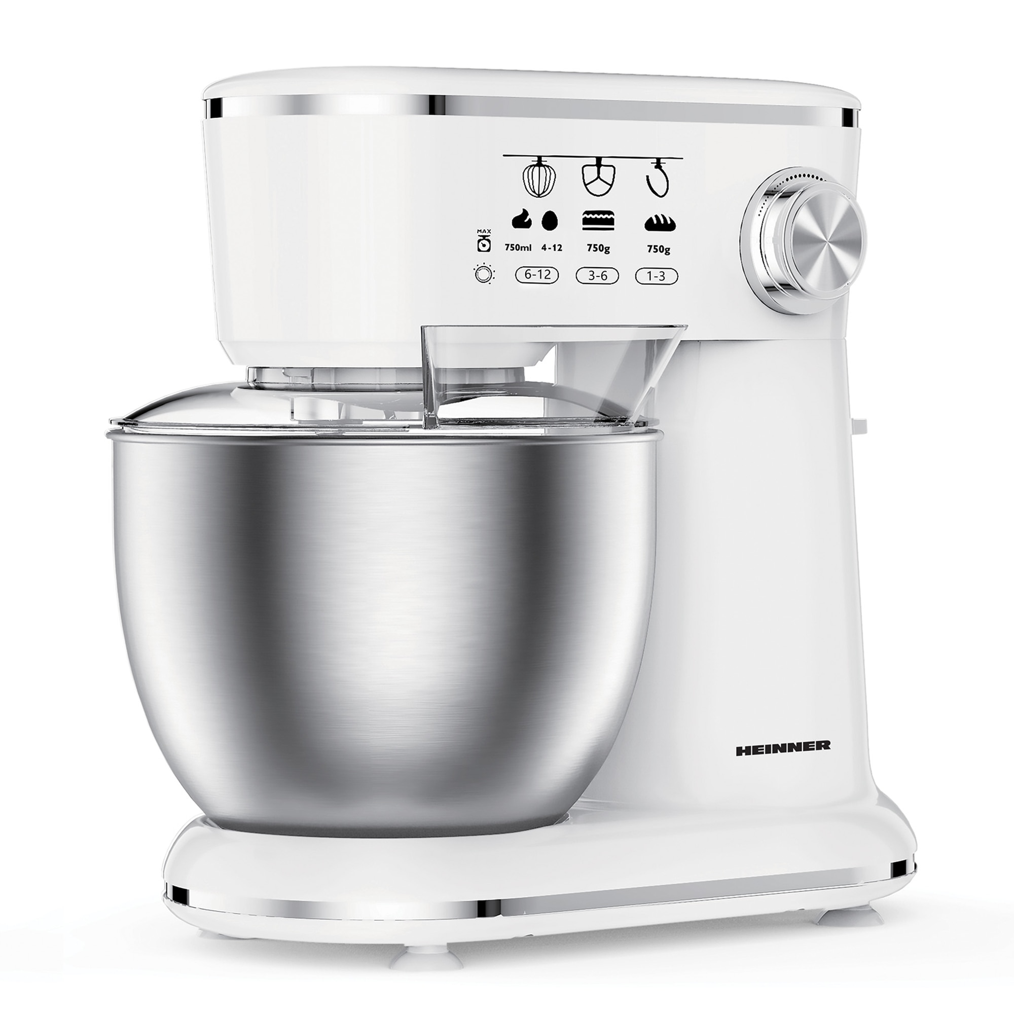 Mixer planetar cu bol Heinner HPM-1000WHCH, 1000W, bol inox 5L, 12 viteze, tel, carlig framantare, paleta, capac transparent protectie, alb