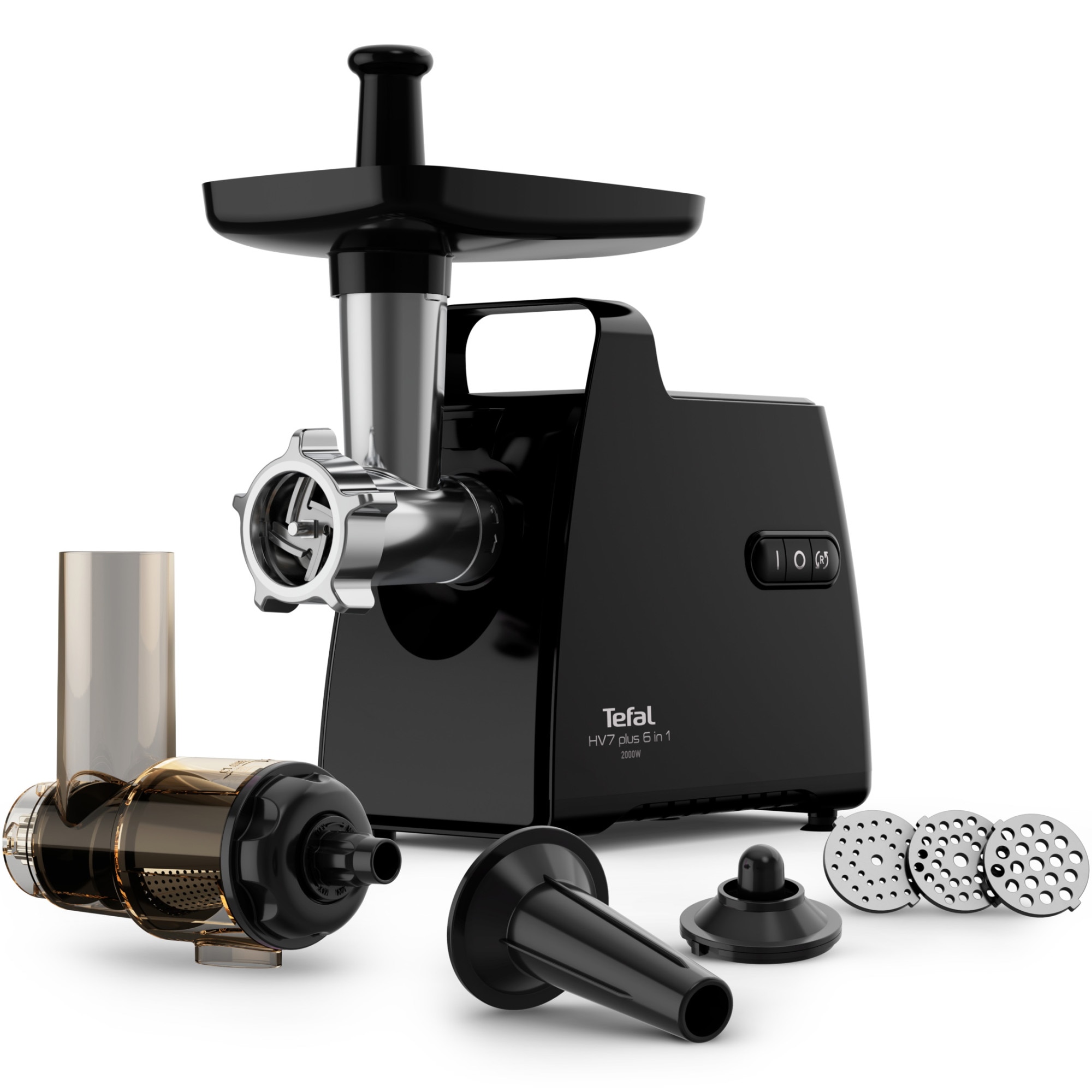 Masina de tocat carne Tefal HV7 Plus 6 in 1 NE553838, 2000 W, 2.8 kg/min, accesorii pentru kebbe, carnati, suc de rosii, 3 grile din inox, functie reverse, negr