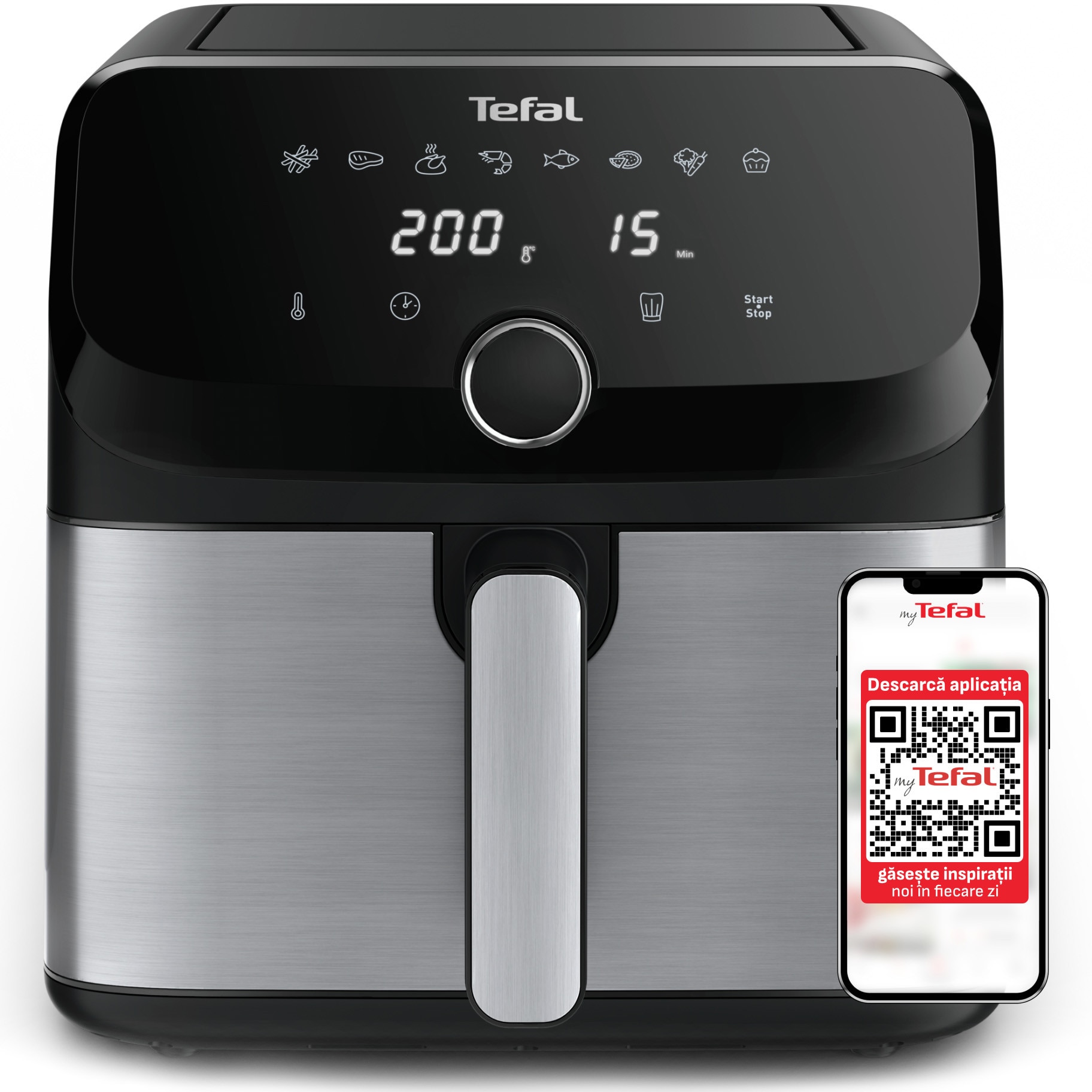 Friteuza cu aer cald Tefal Easy Fry Mega air fryer EY855D10, 2020W, capacitate 7.5L, pana la 8 persoane, 8 programe, invelis antiaderent, oprire automata, contr