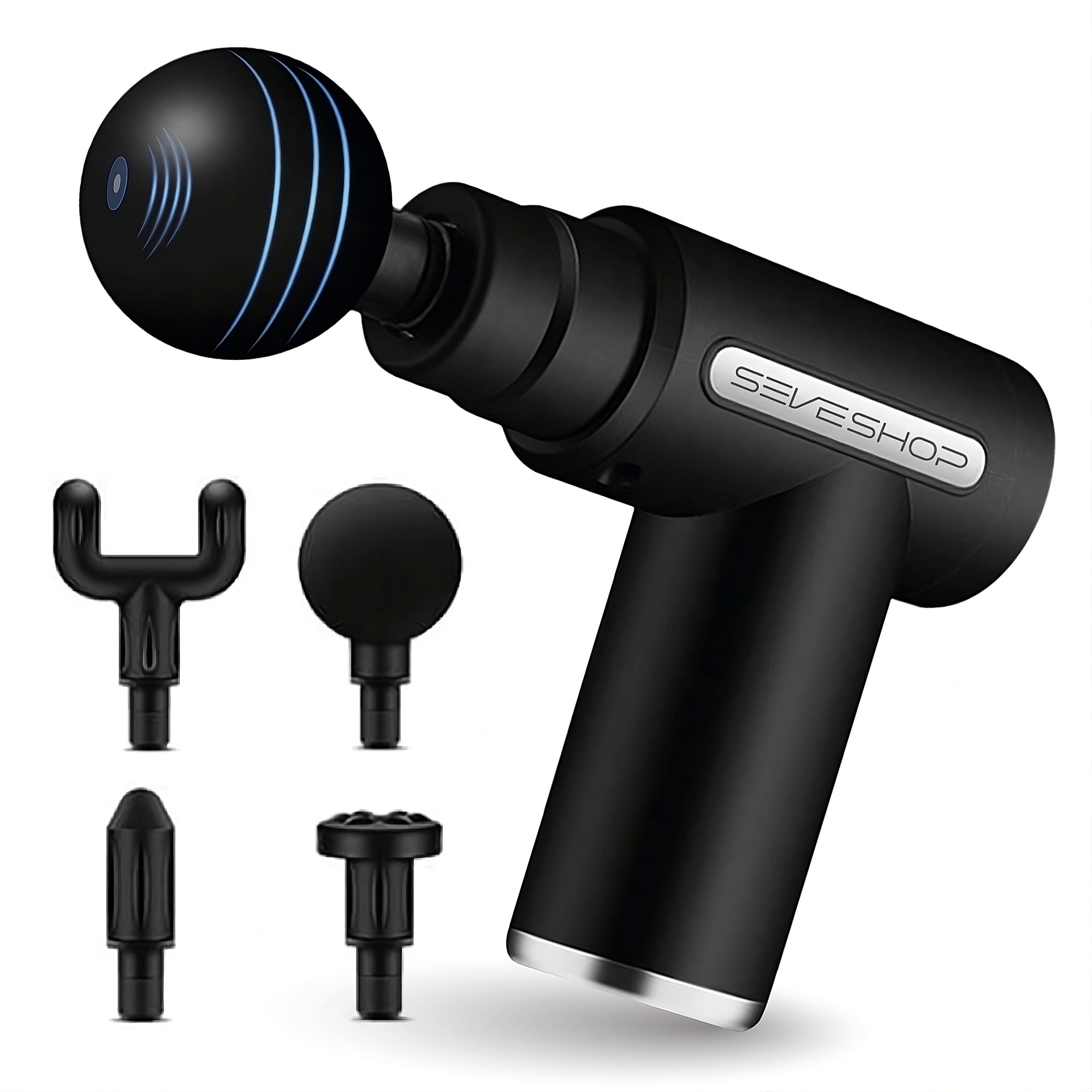 Mini Aparat Pentru Masaj Profesional Tip Pistol SeveShop, 4 Capete, 6 Trepte de Viteza, Motor Silentios, 3200 Percutii, Baterie 1800mAh, Aparat de Masaj Muscula