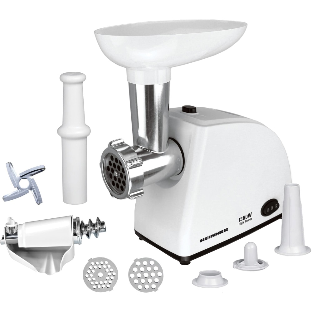 Masina de tocat Heinner MG-W1200R, 1360W,1.5 kg/min, accesoriu rosii, accesoriu carnati, cutit inox, 3 site taiere, alb