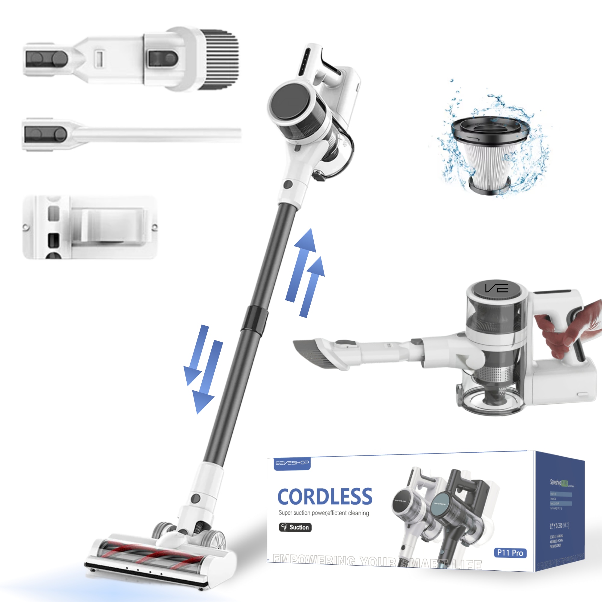 Aspirator Vertical 4 In 1, SeveShop® P11 Pro, Aspirator Fara Fir Cu Motor Vortex 280000 RPM, Putere 30000 Pa, Aspirator Vertical Cu Filtru HEPA In 5 Etape, Ilum