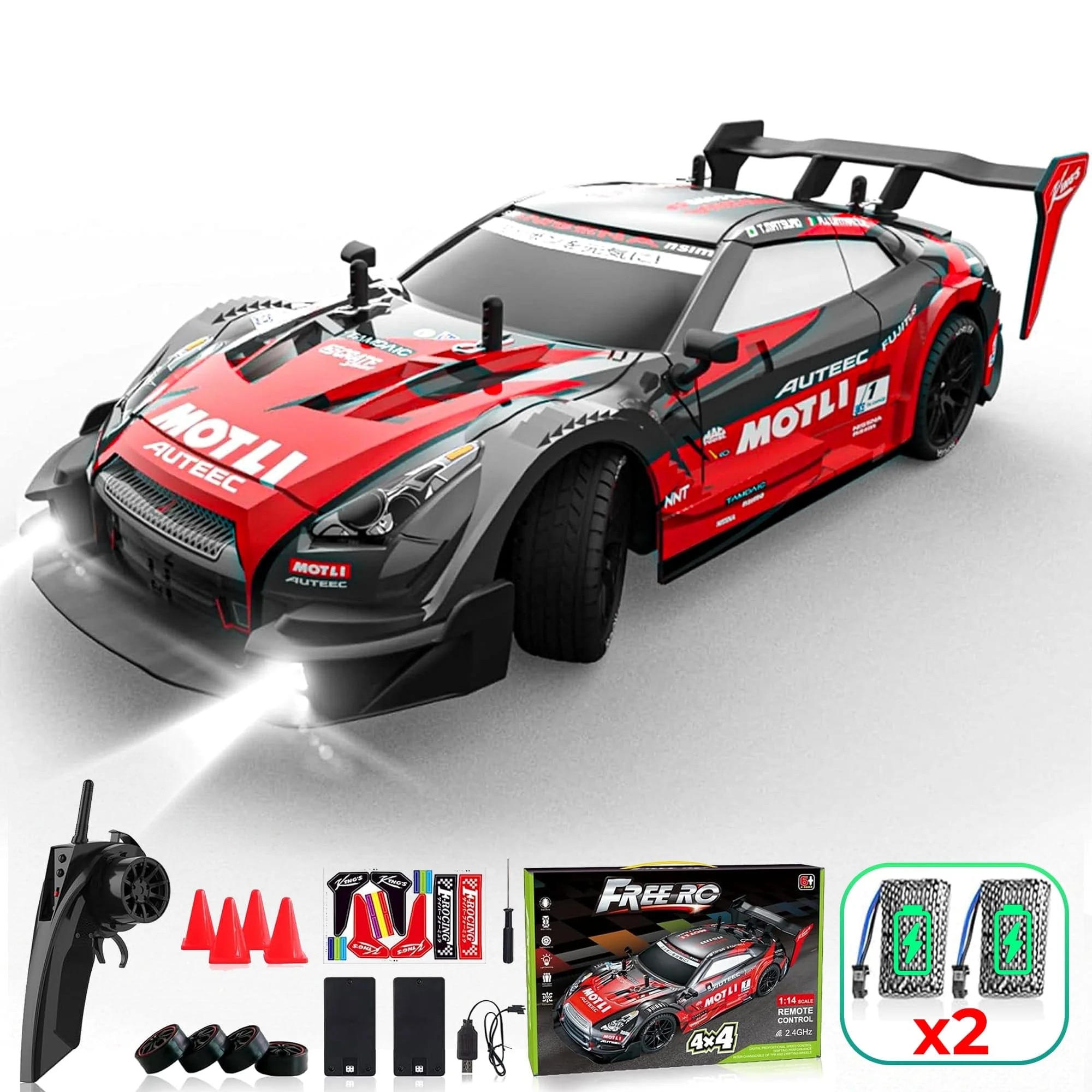Masina cu telecomanda RC, Timebox, Drift car, 30km/h, 4x4, lumini LED, cauciucuri interschimbabile, 2 baterii reincarcabile tip acumulator incluse, jucarie pent