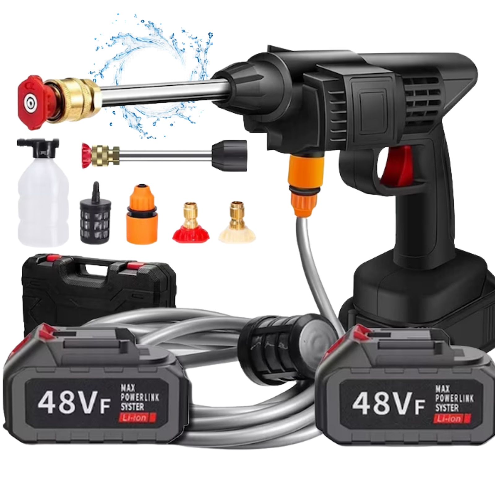 Aparat de Spalat cu Presiune Tip Pistol, Fara Fir Infiniteea™, Putere 500 W, Presiune 30 bari, 2 Acumulatori 48V, 5000mAh, Autonomie 3h, 3 Moduri Pulverizare, F