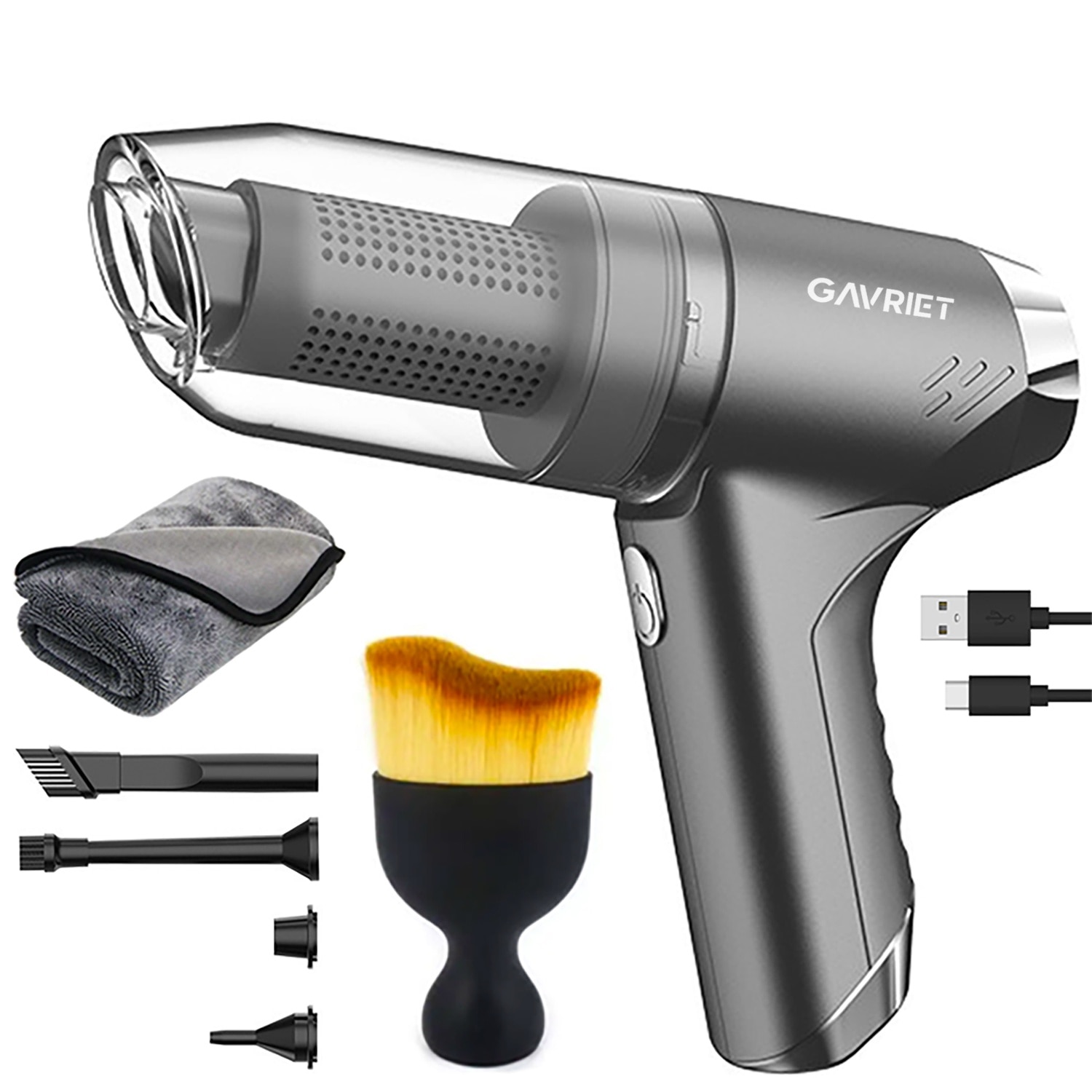 Aspirator Auto 3 in 1 Fara Fir Gavriet™ Turbo Duster, 12000PA, 75W, Baterie 4000mAh, 2 Trepte, Functii de Aspirare, Suflare, Vidare, Filtru HEPA, Perie Detailin