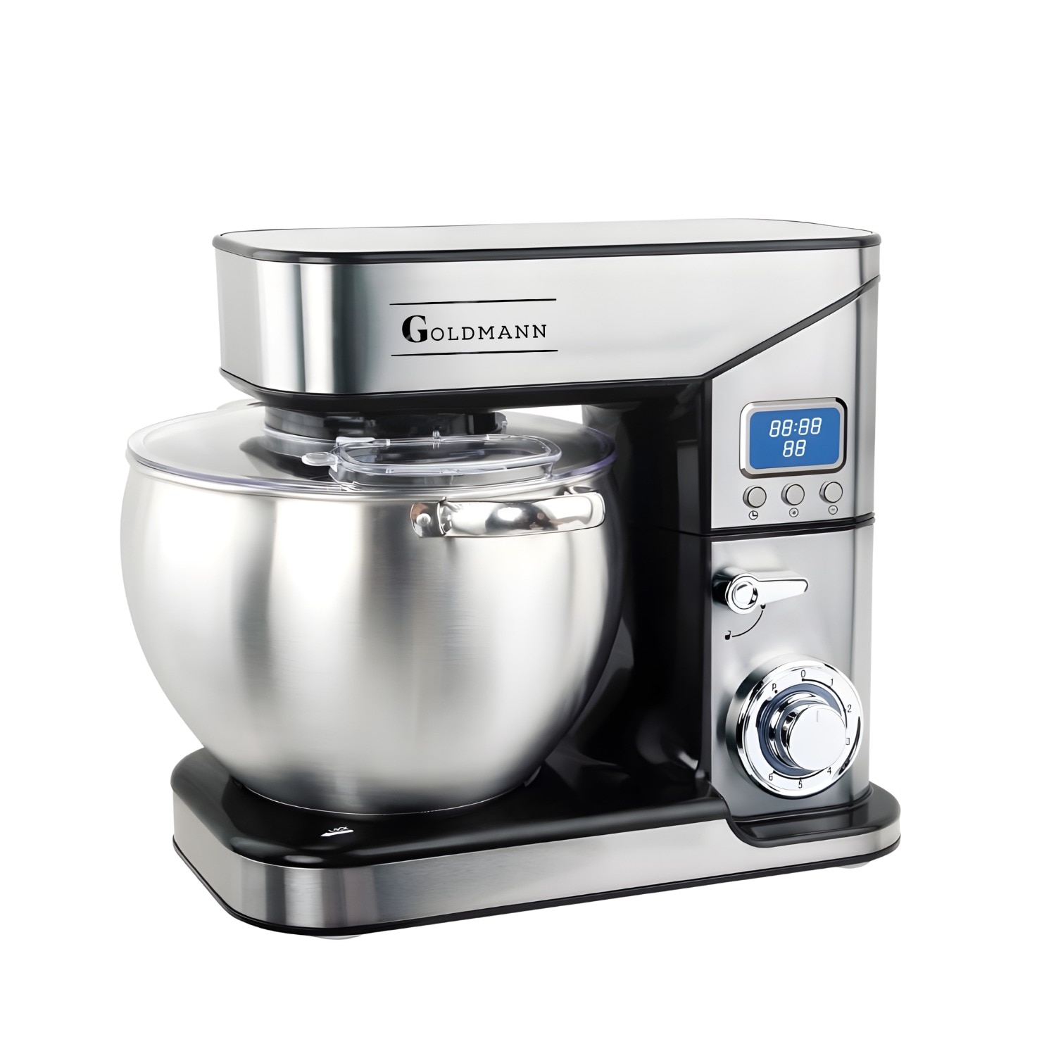 Mixer planetar cu bol din inox Goldmann, 2800 W, 10 L Inox, 5 Accesorii, 6 Viteze cu Pulse, Angrenaje metalice, Carcasa din inox, Argintiu