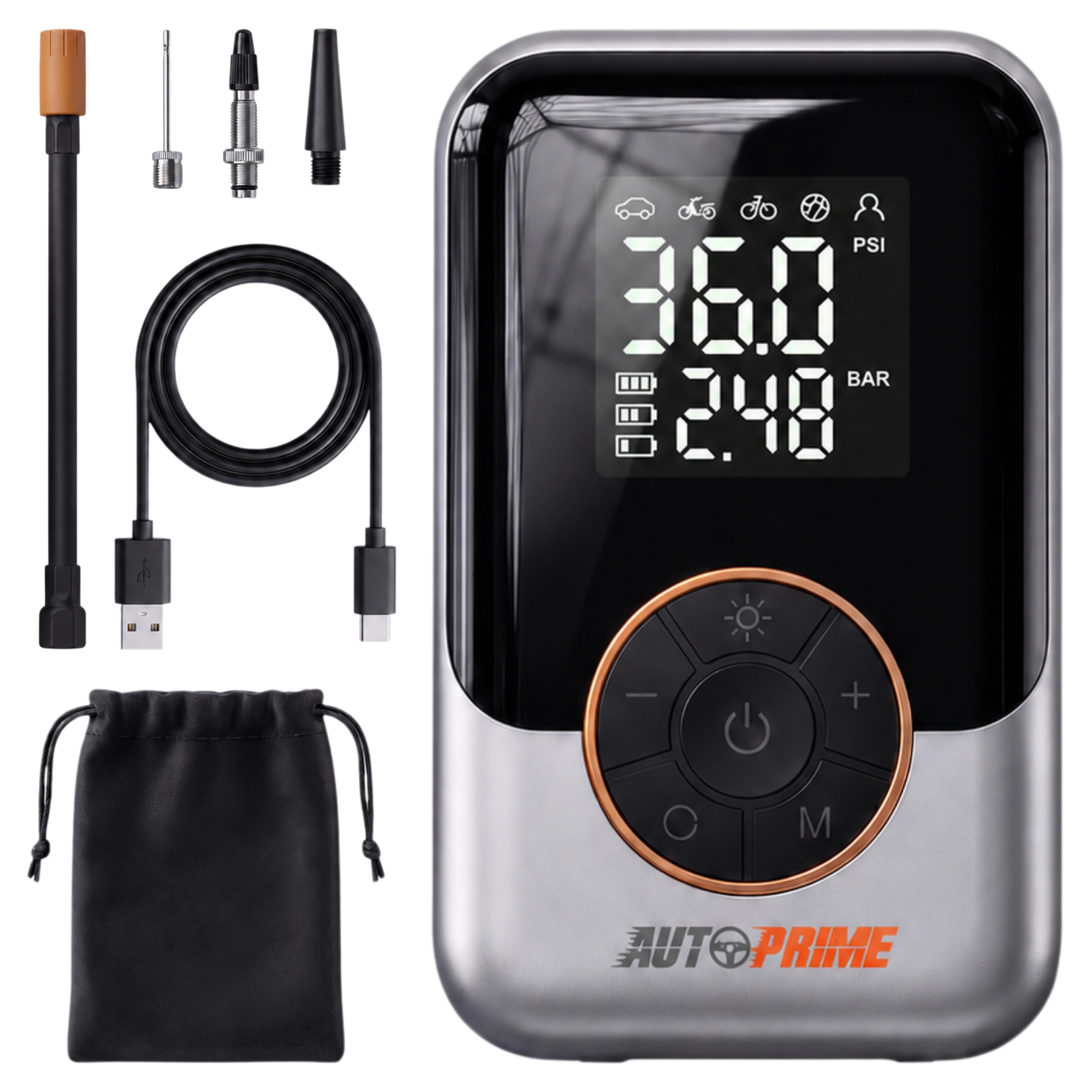Compresor Auto, AutoPrime®, Compresor Portabil, 3000mAh, 120W, Wireless, 150 PSI, Mini Compresor Auto, Ecran Digital LCD, Oprire Automata, Lanterna LED, Compres
