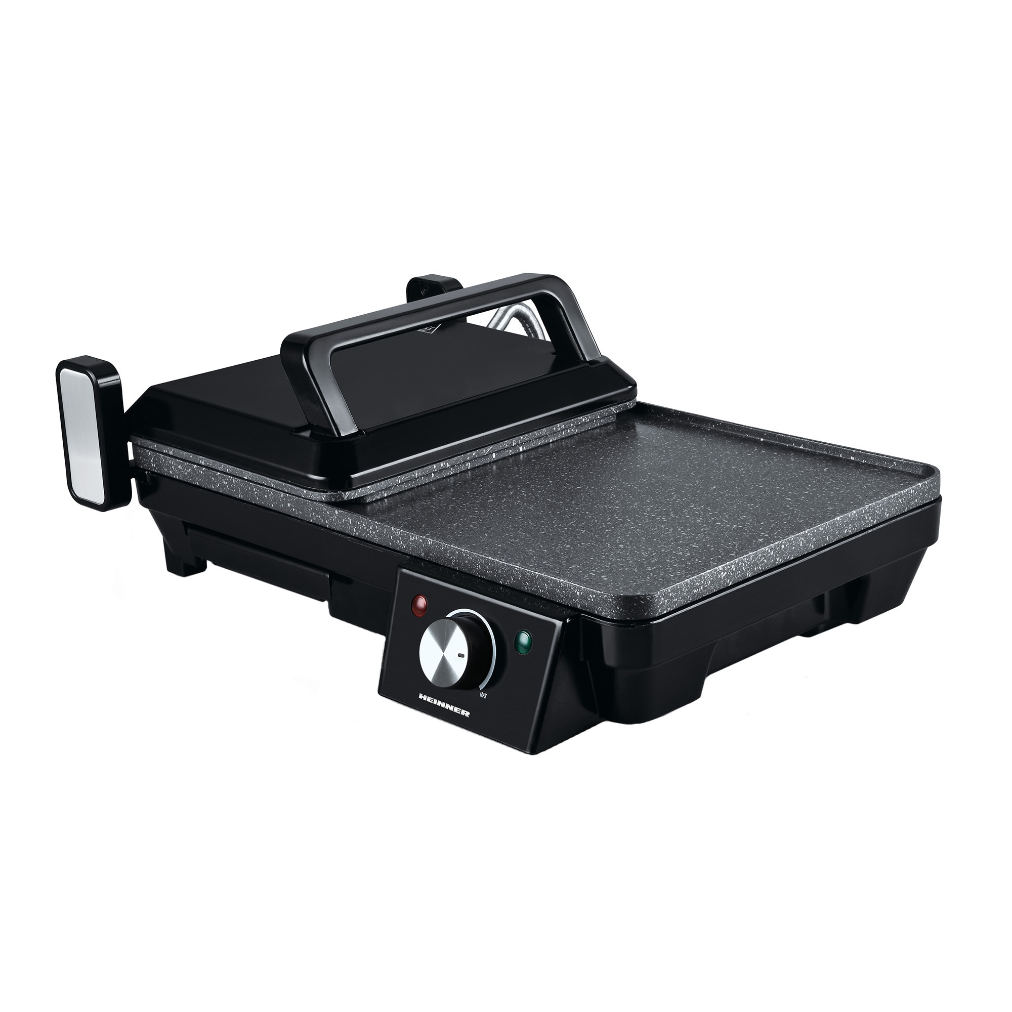 Gratar electric Heinner HEG-F20002P, 2000 W, deschidere 105° si 180°, invelis marmura anti-adeziv, Negru