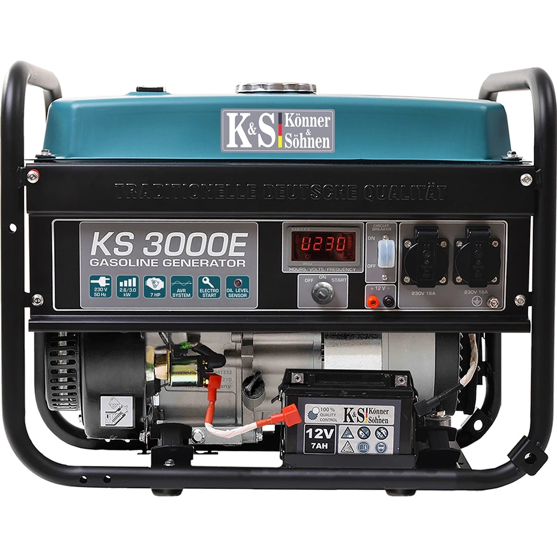 Generator curent electric Könner&Söhnen KS 3000E, 7 CP, 3000 W, 208 CC, 4 timpi, monofazat, 2 x 230 V, 1 x 12 V, stabilizator de tensiune (AVR), protectie supra