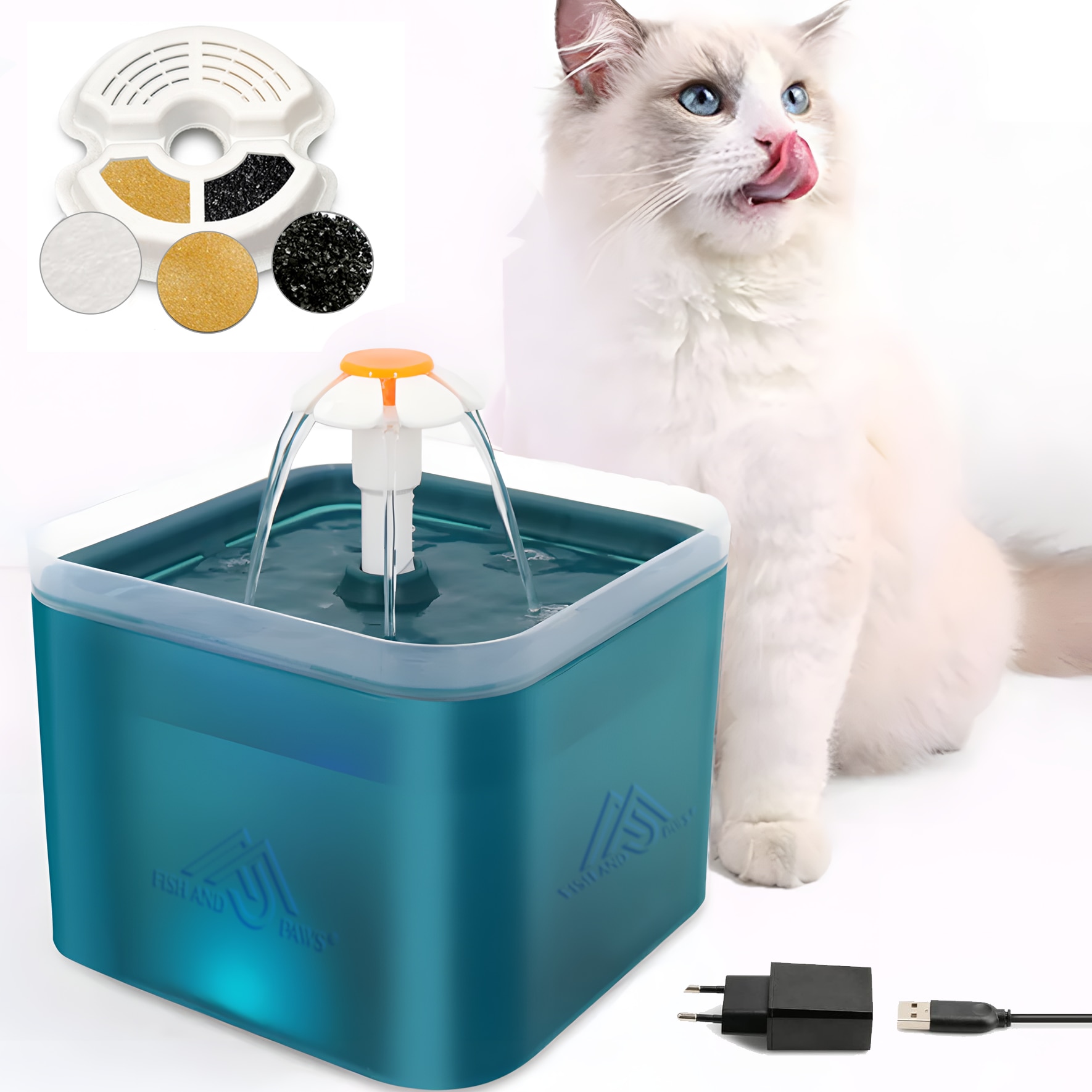 Dispenser de apa tip fantana ultra-sientioasa pentru caini si pisici Fish & Paws ®, cu filtru de carbon activat si hidratare neintrerupta a animalelor de compan