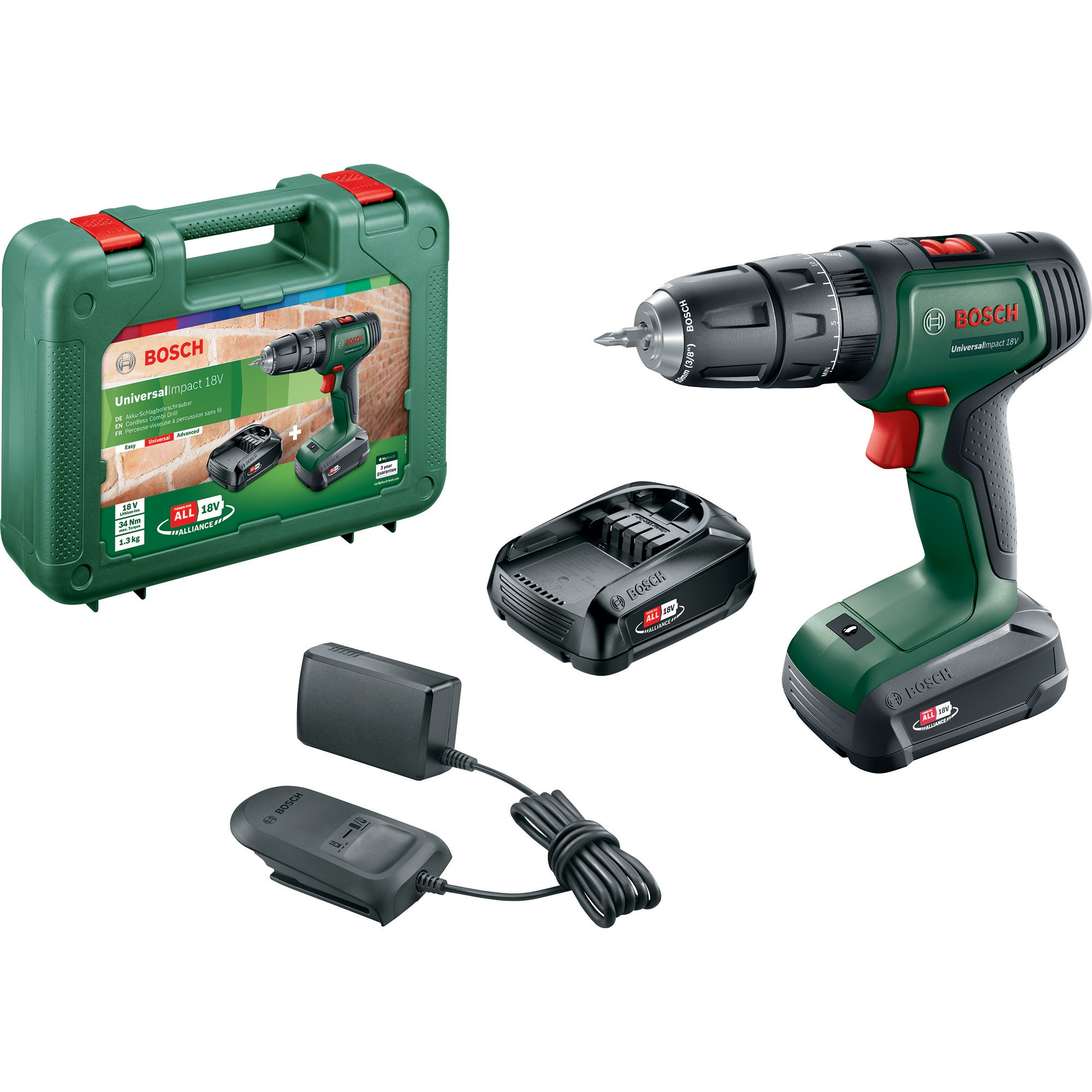 Masina de gaurit si insurubat (bormasina) cu percutie pe acumulator Bosch Universal Impact 18, 18 V , 2 trepte de putere, 1450 RPM, 2 acumulatori, incarcator, c