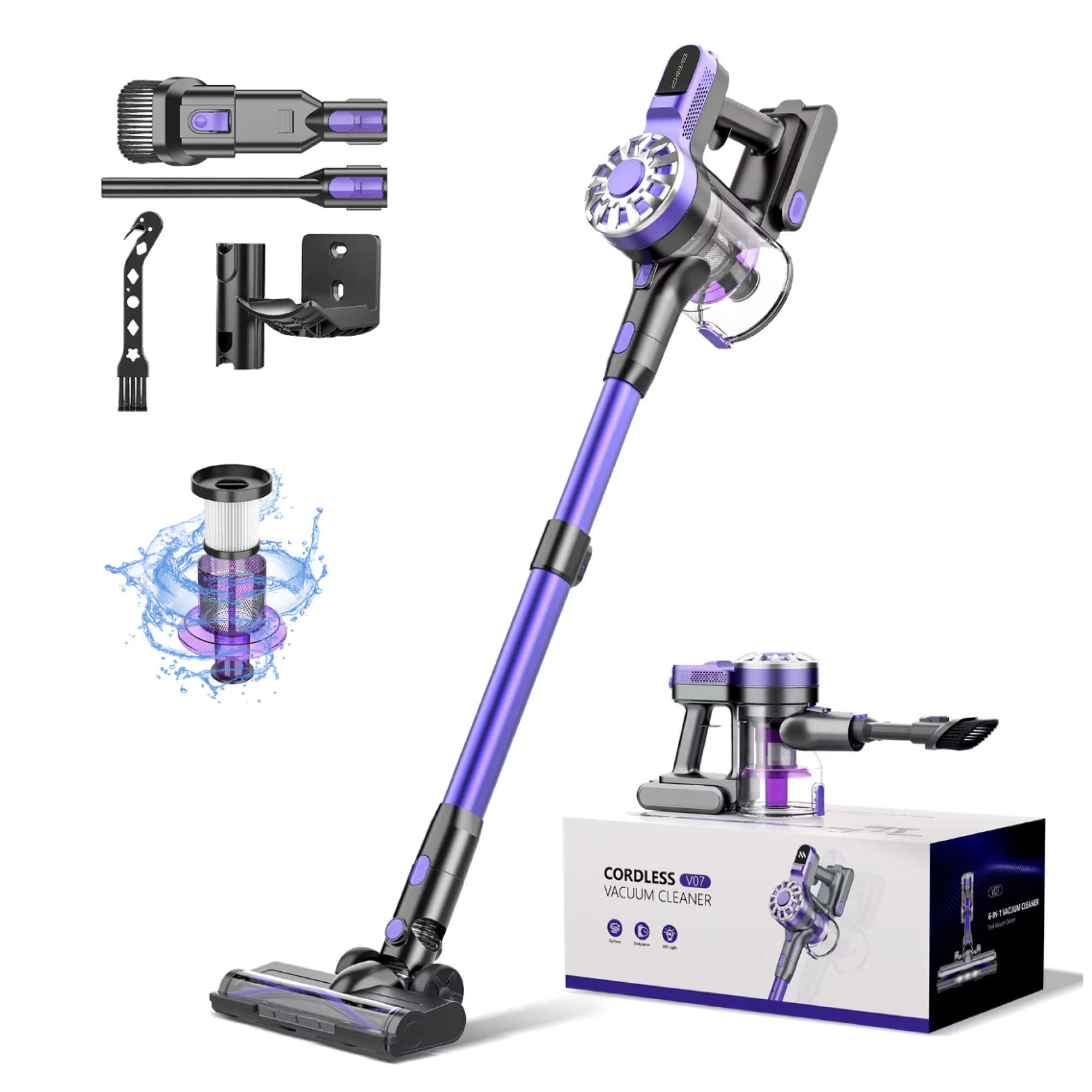 Aspirator Vertical 4 In 1, SeveShop® V08, Aspirator Fara Fir Cu Motor Ciclon 12000 Pa, Recipient 500 ml, Aspirator Vertical Cu Filtru HEPA, Iluminare LED, Auton