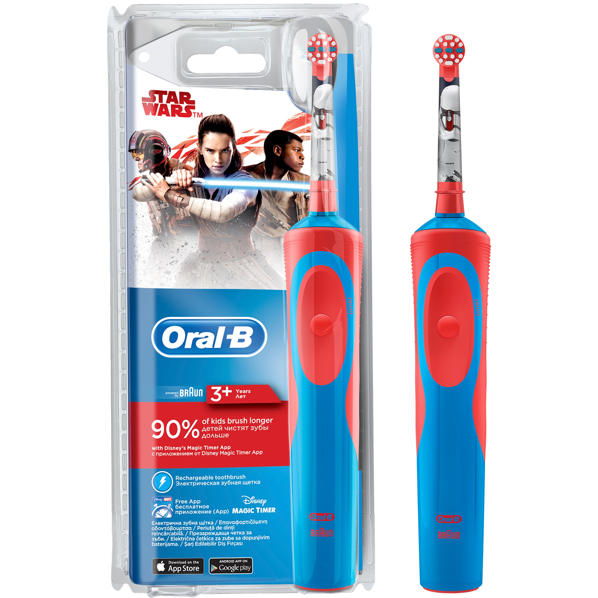 Periuta de dinti electrica Oral-B D12.513 Vitality Star Wars pentru copii,7600 oscilatii/min, Curatare 2D, 1 program, 1 capat, Rosu/Albastru