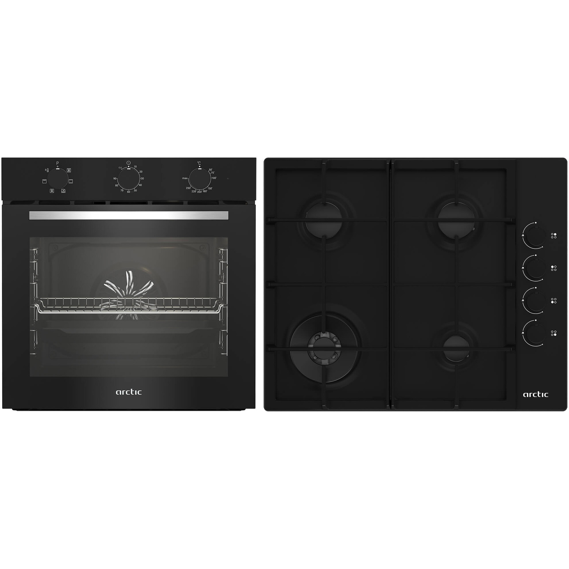 Pachet Cuptor incorporabil Arctic ARSE11130BD, 71 l, Electric, 6 functii, AquaDropClean, Grill, Timer, Clasa A + Plita incorporabila, Gaz, 4 Arzatoare, Aprinder