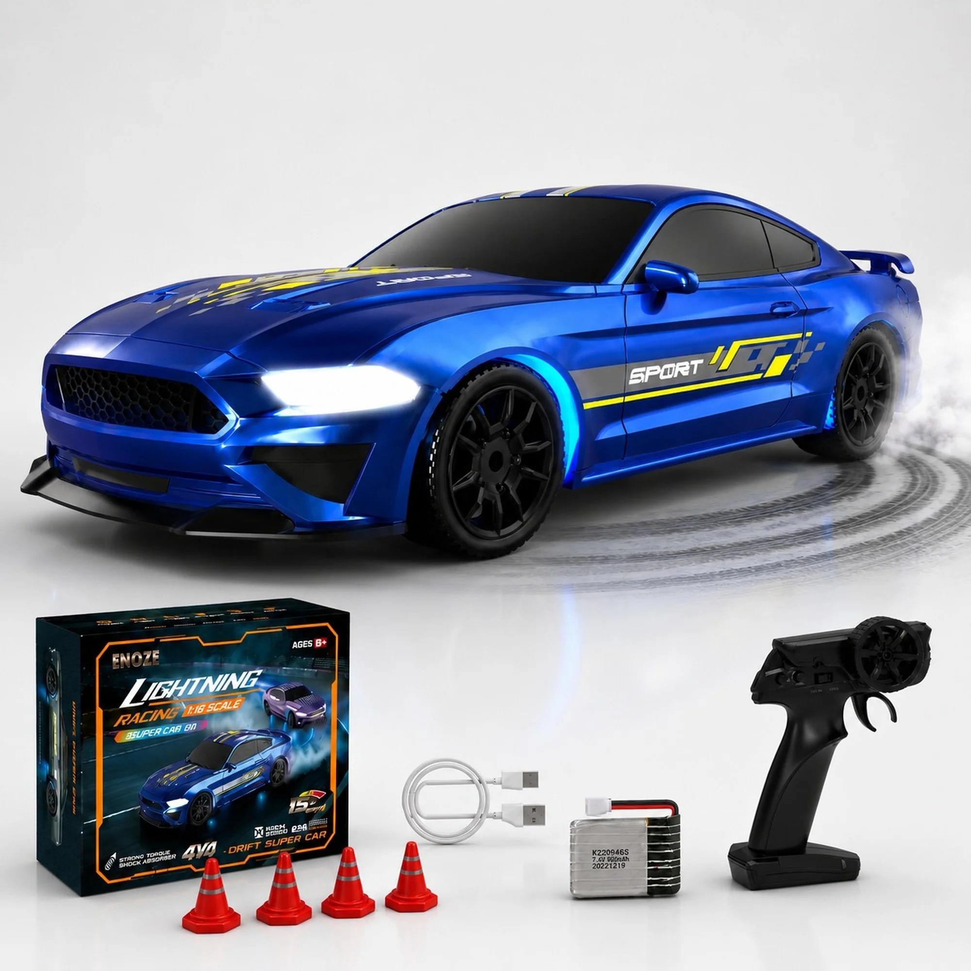 Masina RC Drift 1:43 cu Tractiune Integrala – Masinuta de Curse cu Telecomanda si Control prin Aplicatie, 2,4 GHZ, Efecte Luminoase, Jucarie Interactiva pentru