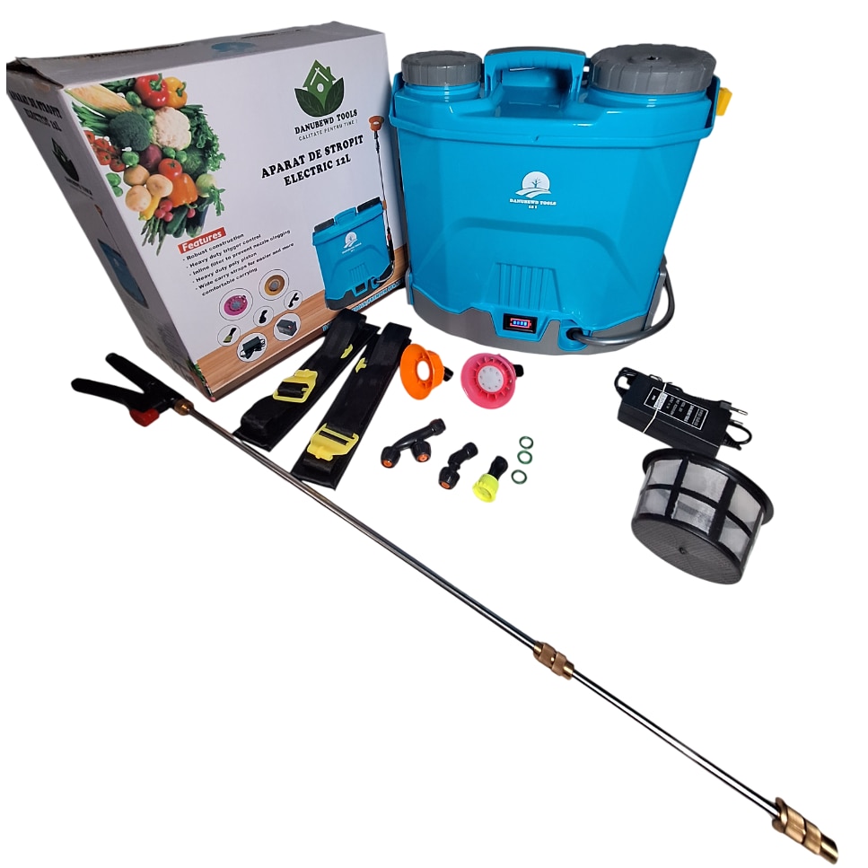 Pompa de stropit electrica DanubewdTools®, 12 litri, acumulator, regulator de presiune, lance inox 100 cm extensibila, sita filtrare, 5 +1 duze incluse, Albastr