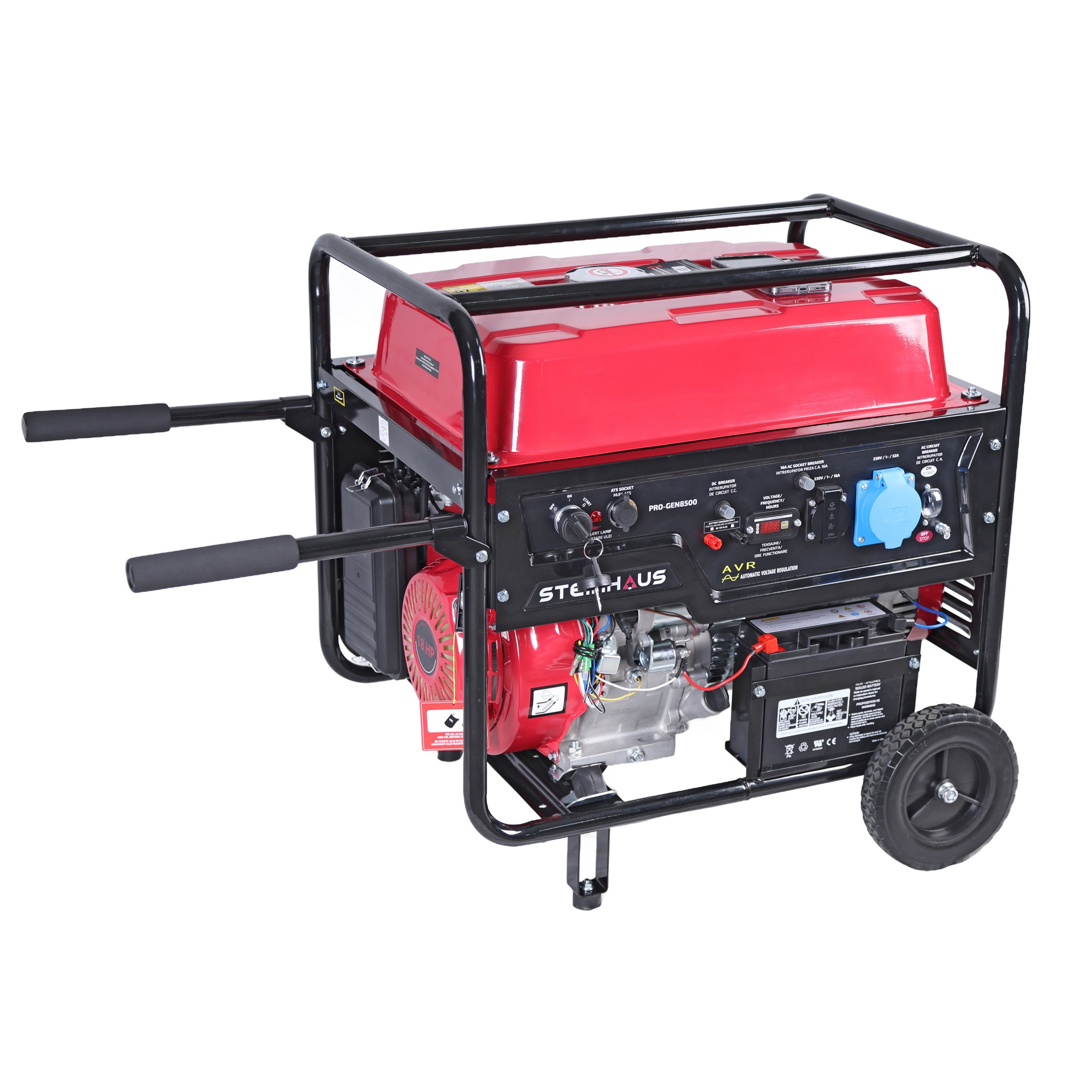 Generator curent electric Steinhaus PRO-GEN8500, 8500 W, stabilizator de tensiune, 37 l benzina, pornire electrica, 1x16A (230V), 1x32A (230V), 12V, protectie s