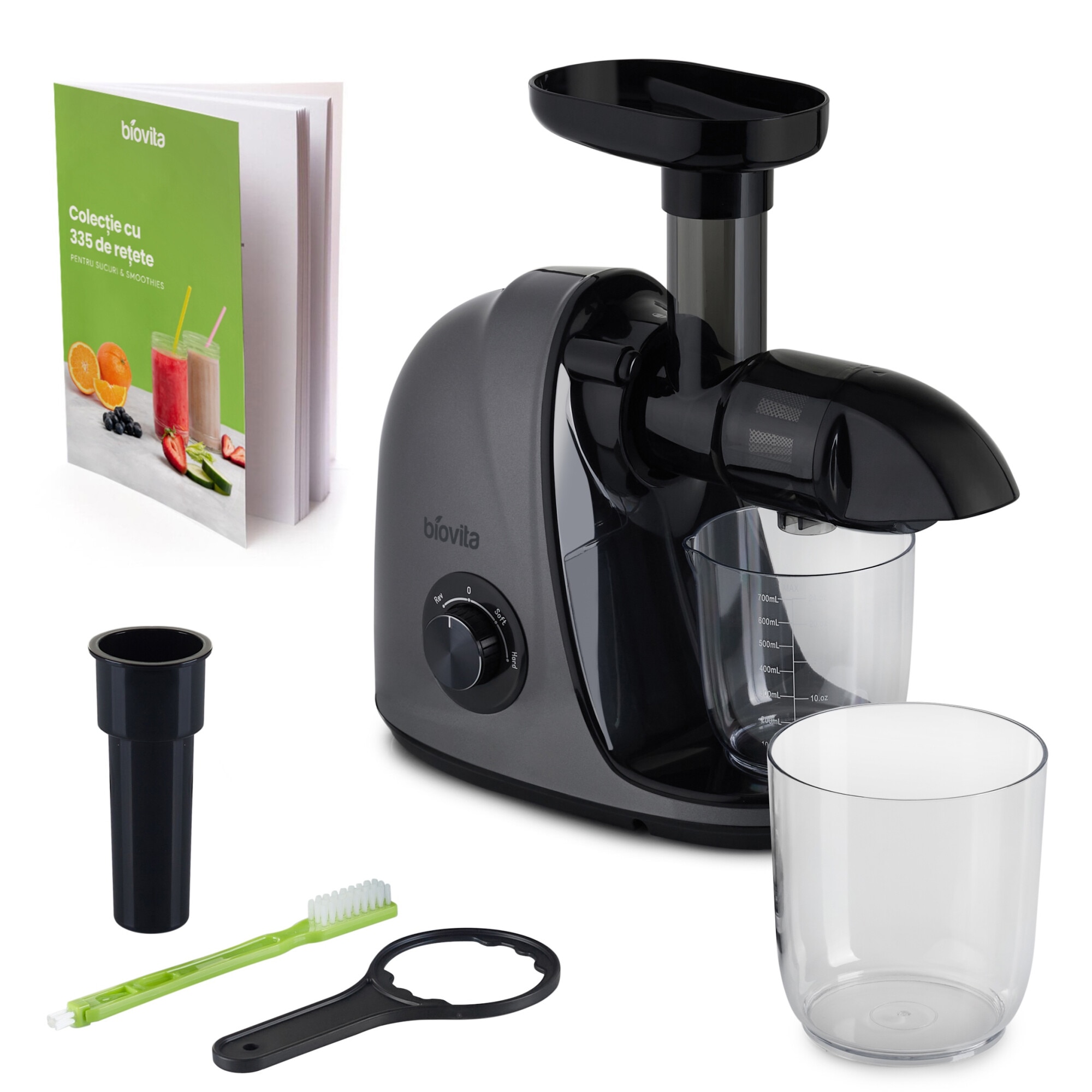 Storcator cu presare la rece Biovita Nutrimax, cu melc, Retete Bonus, Sita din inox, 150W, Silentios, Eficient, Argintiu