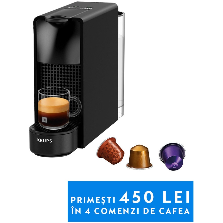 Espressor Nespresso by Krups Essenza Mini XN110810, 1260W, 19 Bar, 0.6L, Negru, set capsule degustare inclus