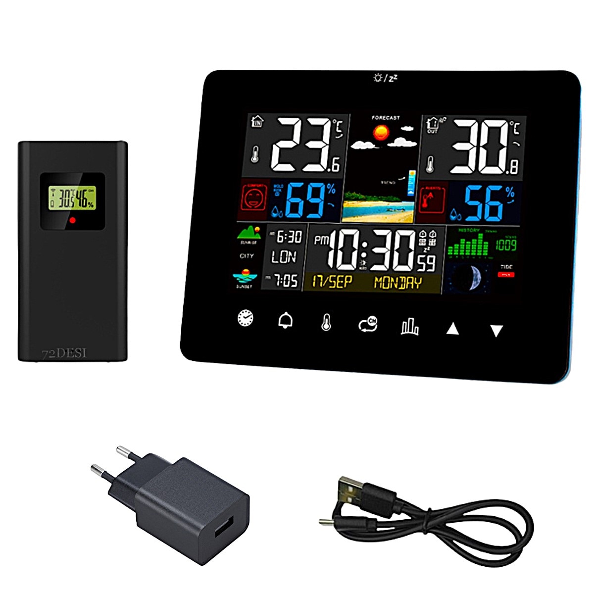 Statie meteo cu ceas si Transmitator exterior 72DeSi, ecran LCD color cu butoane tactile, prognoza meteo, presiune atmosferica, temperatura si umiditate interio