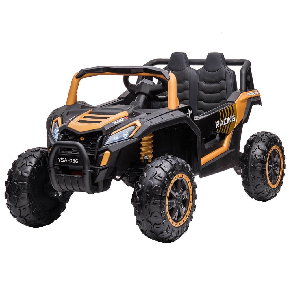 Masinuta electrica pentru copii Buggy UTV A036, Tractiune 4×4 (4 motoare 12V), Radio, Mp3 player, roti cauciuc EVA, scaun piele ECO, suspensii spate, Galben