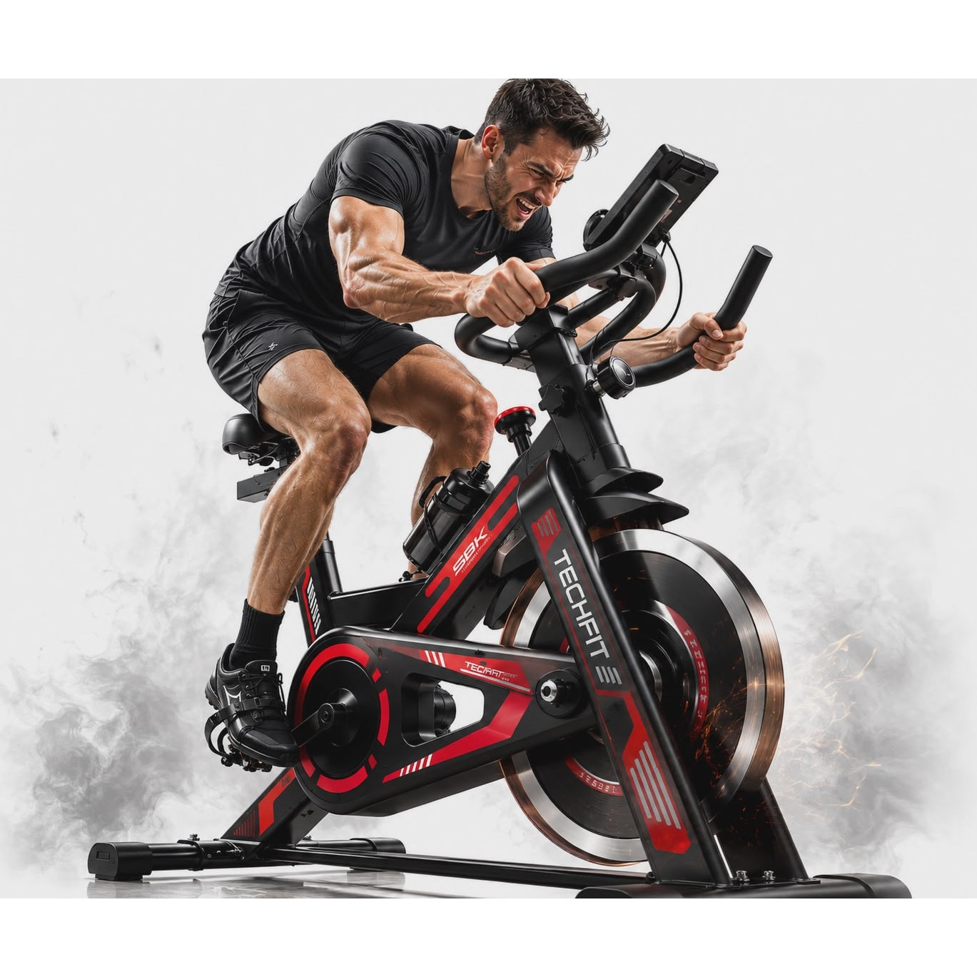Bicicleta spinning TECHFIT® SBK1500N PRO MAX, Sistem Volanta 13 Kg, Pedale aluminiu, Bluetooth: Zwift/Fitshow/Kinomap, Sa cu arc PRO, Display afisaj mare, Utili