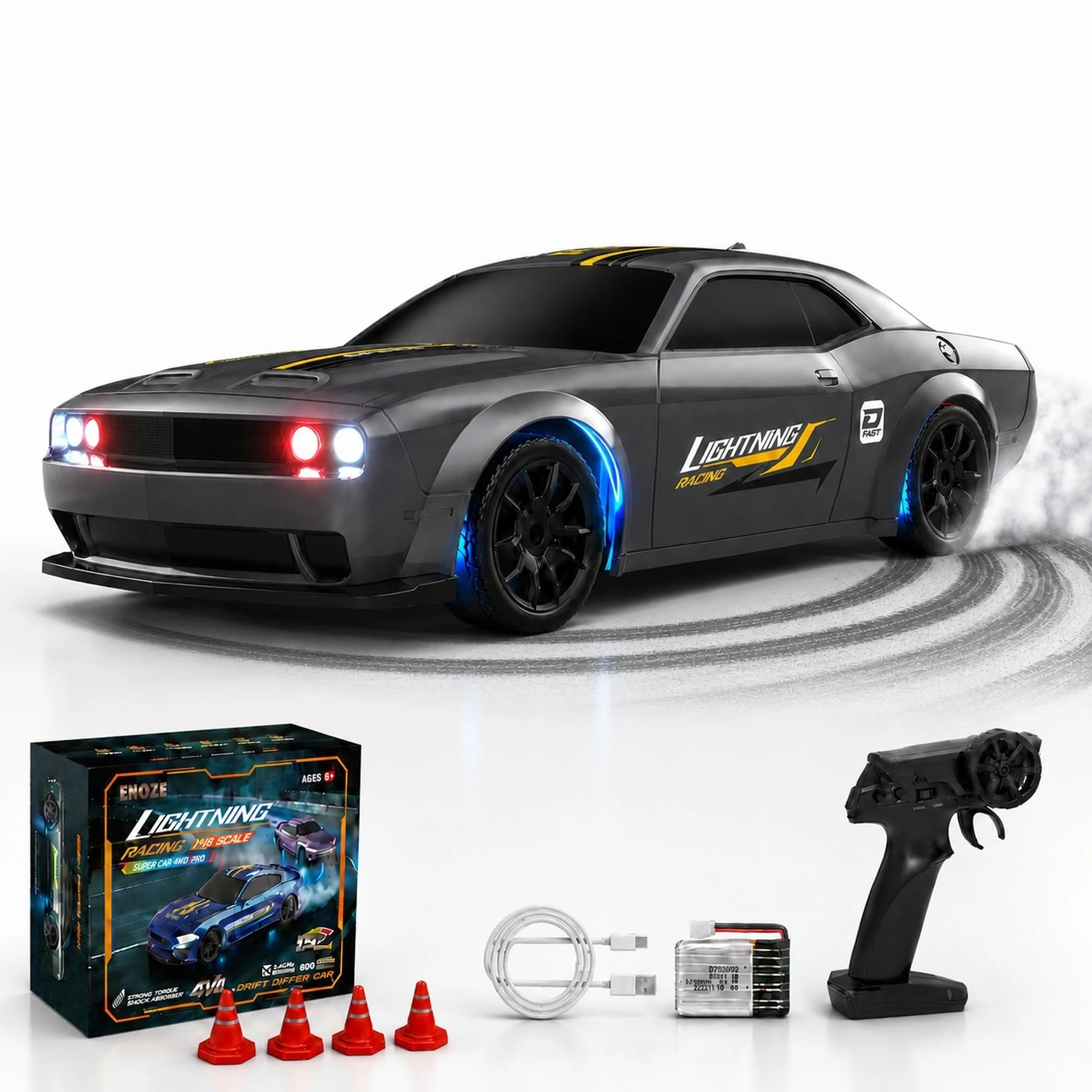 Masina RC Drift 1:43 cu Tractiune Integrala – Masinuta de Curse cu Telecomanda si Control prin Aplicatie, 2,4 GHZ, Efecte Luminoase, Jucarie Interactiva pentru