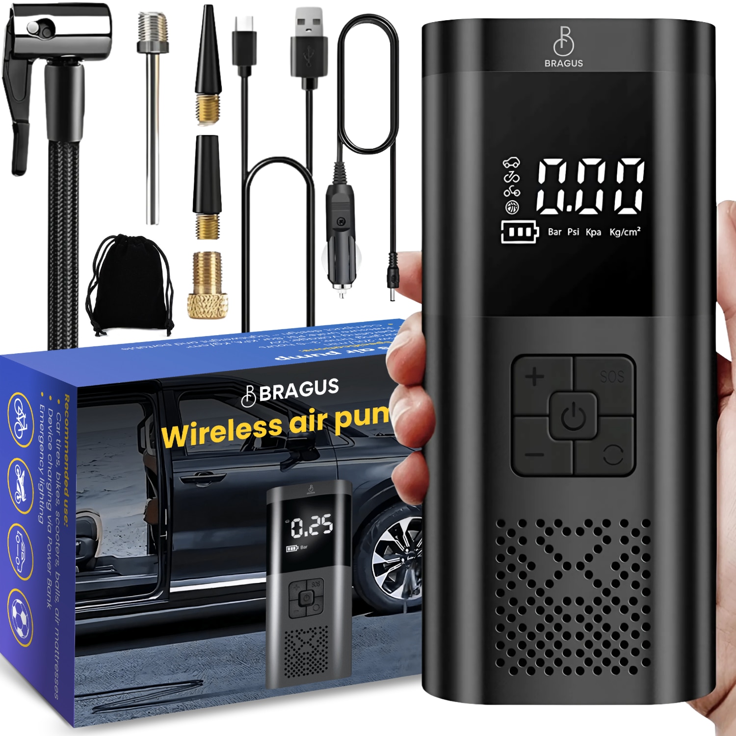 Compresor Auto Portabil, 3 in 1, BRAGUS, Baterie 6000mAh Tip Baterie Externa, Ecran Digital, Manometru, Lanterna LED, 150PSI, Debit 20L, Pompa Aer Masina, 4 Acc