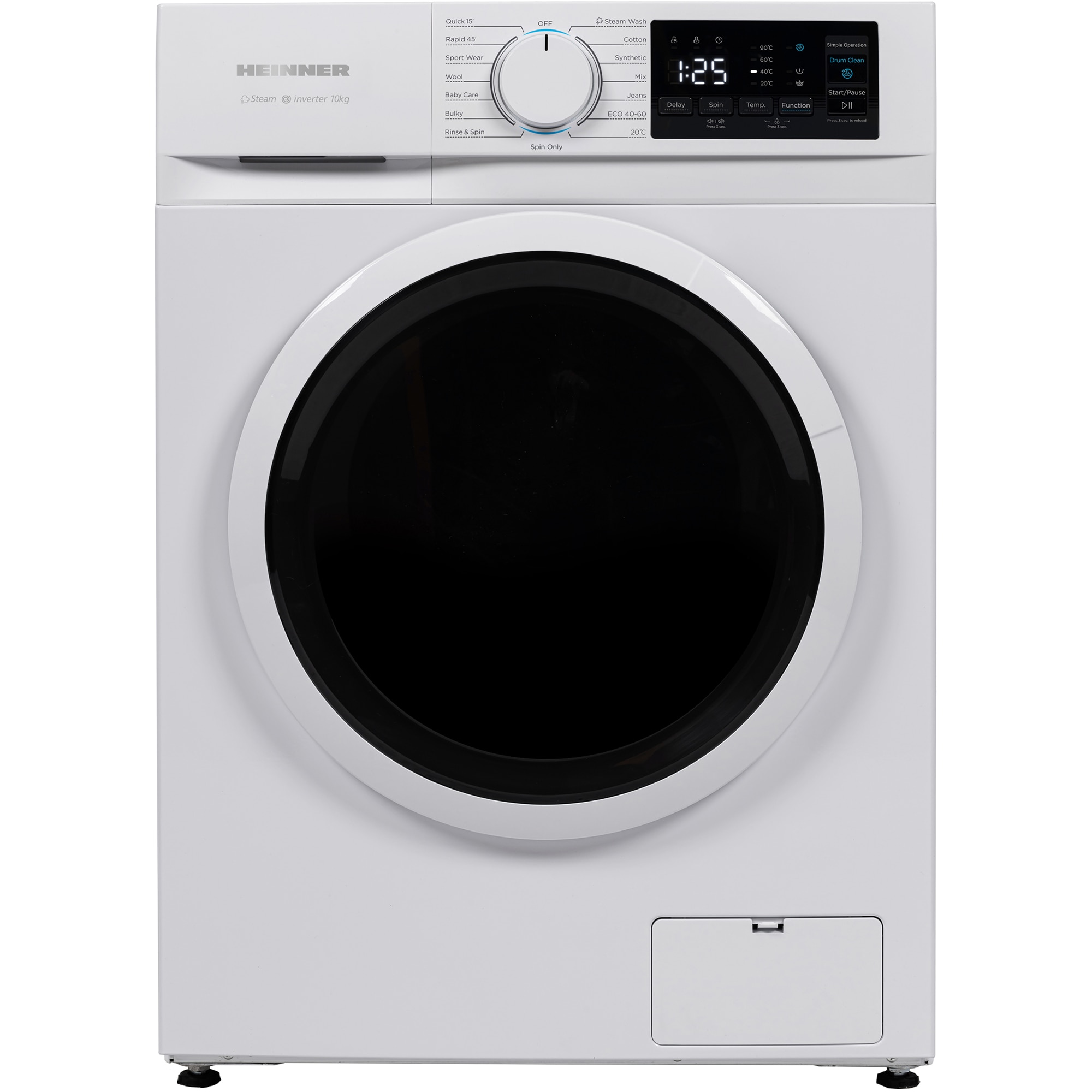 Masina de spalat rufe Heinner HWM-M1014IVNA+++, 10 kg, 1400 rpm, Clasa A, Motor inverter, 15 programe, Display digital, Program rapid 15 min, Program steam, Pro