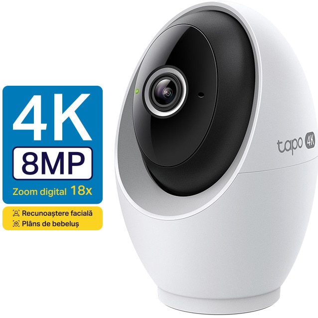 Camera de supraveghere Wireless TP-Link Tapo C260 cu Pan/Tilt 360 grade, 8MP, 4K, 3840 × 2160 px, Utilizare Baby Monitor, Night Vision, Detectare Smart AI, Two-