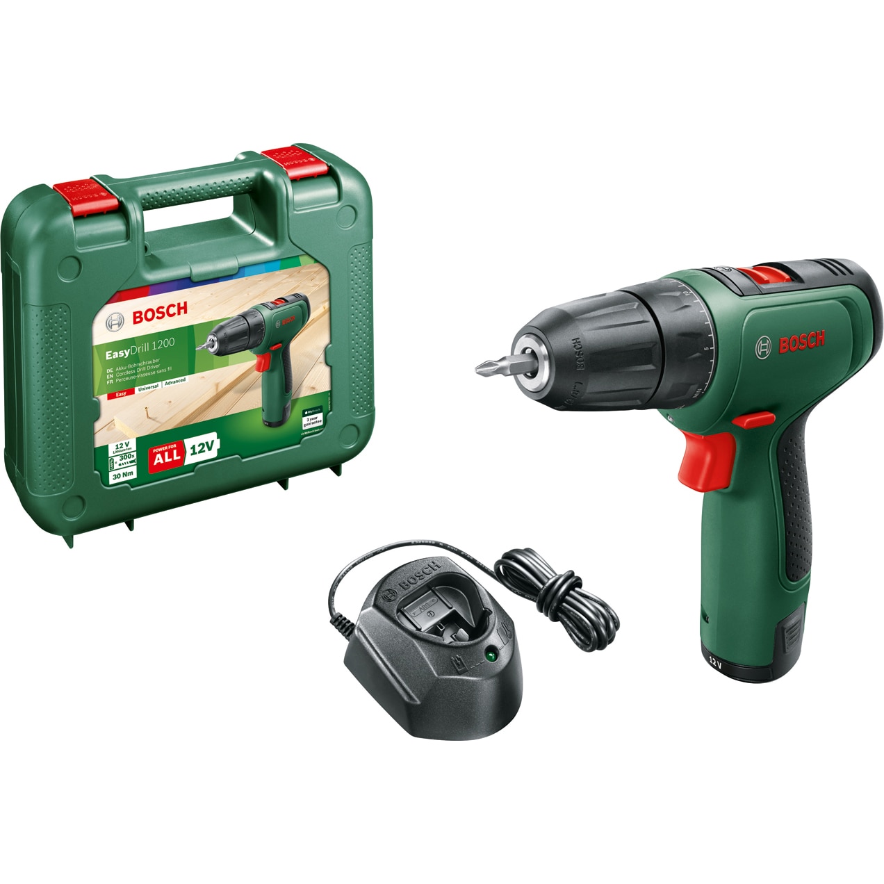 Masina de gaurit si insurubat (bormasina) pe acumulator Bosch EasyDrill 1200, 12 V, 1.5 Ah, 1500 RPM, 30 Nm, 1 acumulator, incarcator, cap surubelnita dublu, va