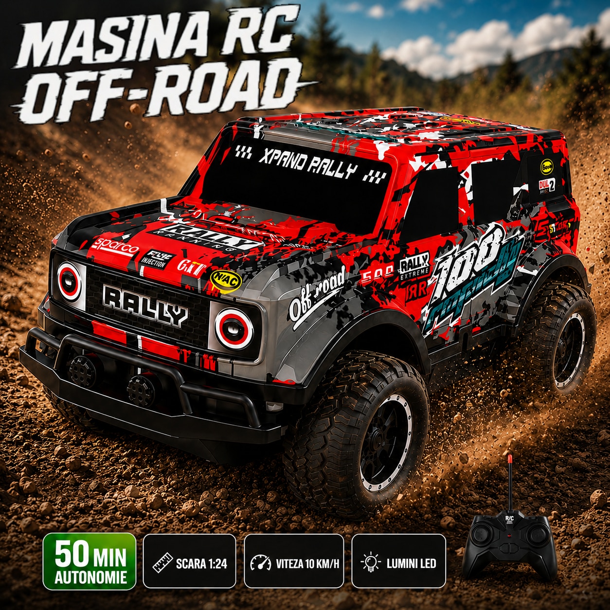 Masina cu telecomanda cu lumina LED, Excitat®, 27MHz, 2 baterii, raport 1:24, viteza 10KM/H, timp de lucru 50 minute, rosu